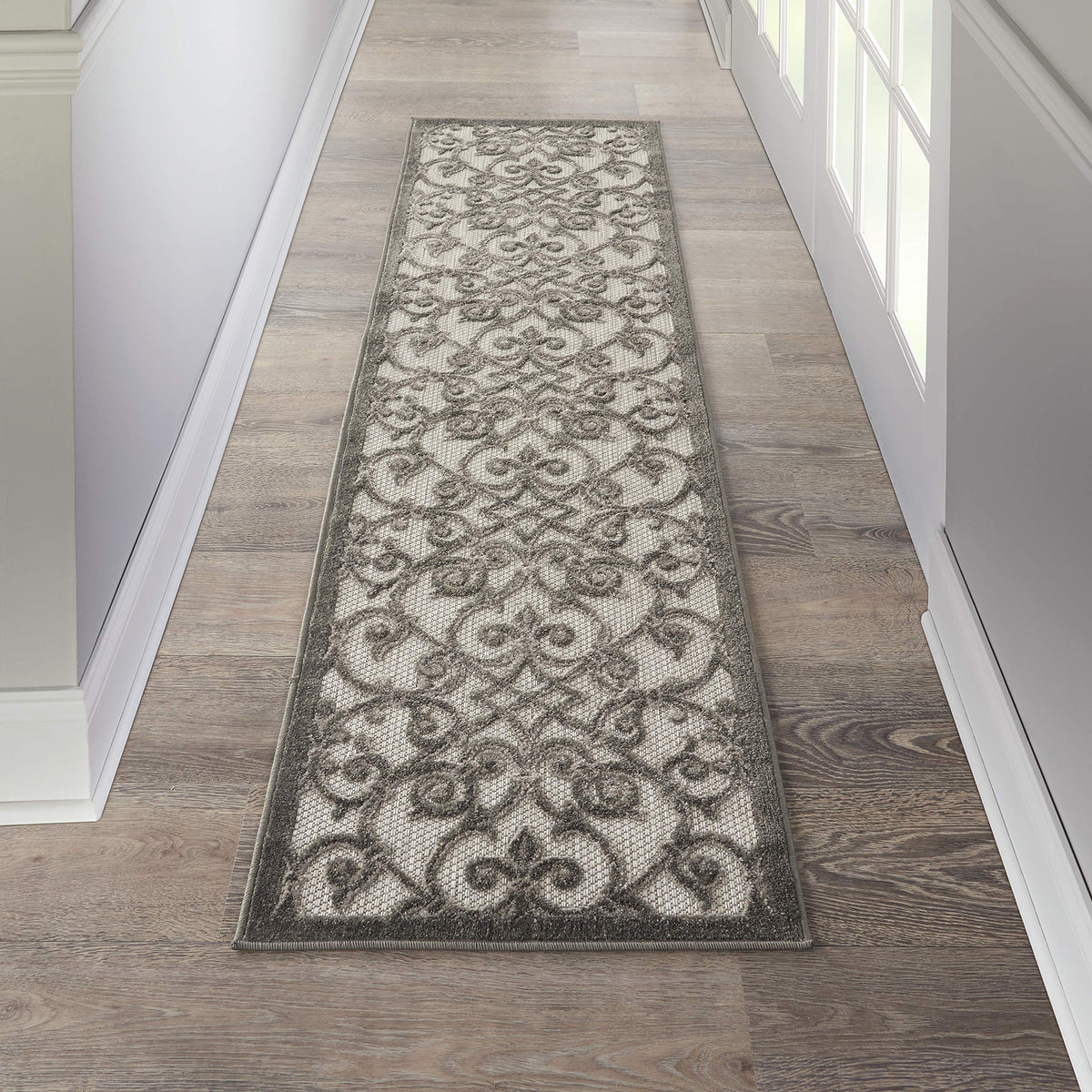 Nourison Aloha Indoor/Outdoor Grey/Charcoal 2'3' X 8' Area Rug, Transitional, French Country, Easy Cleaning, Non Shedding, Bed
