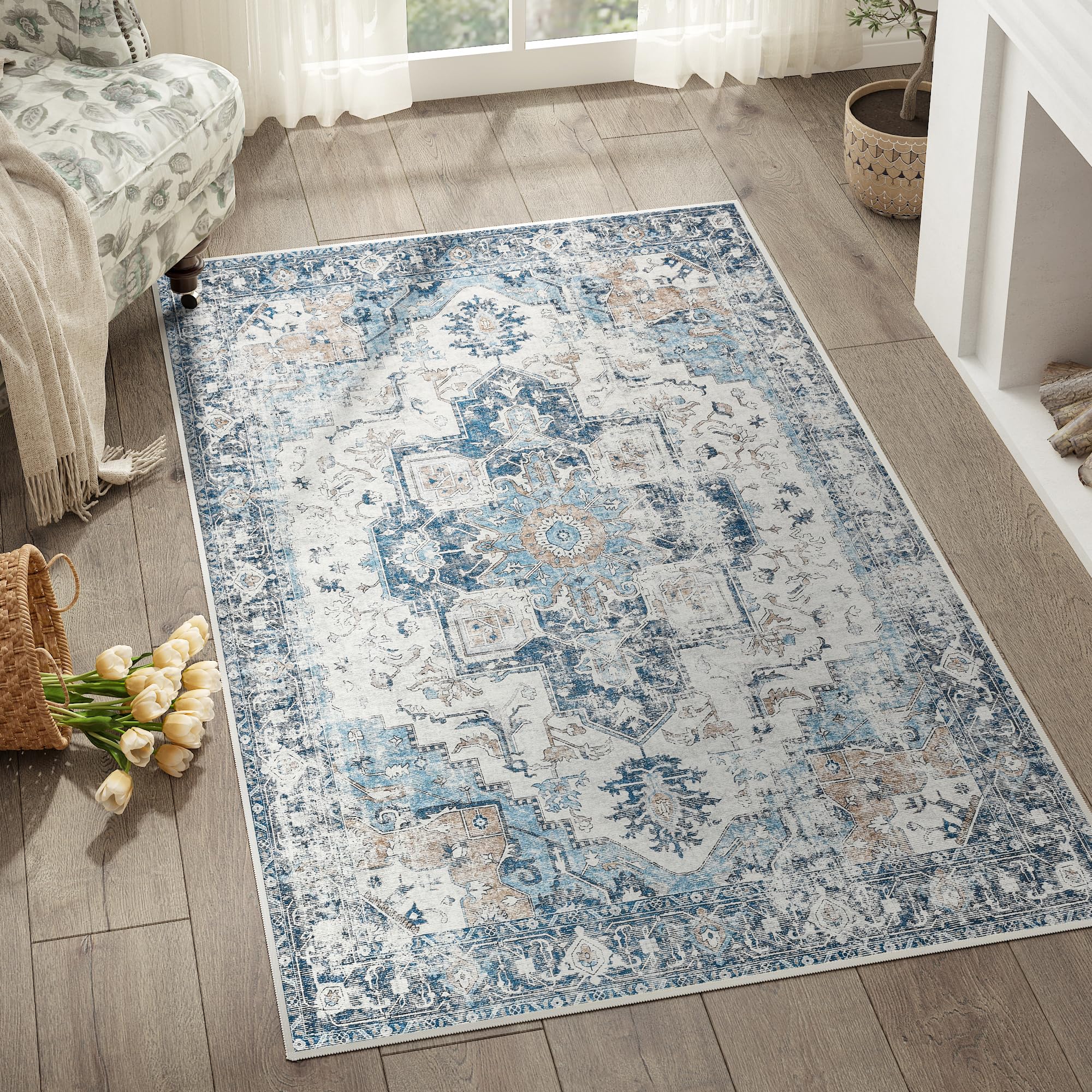 jinchan Area Rug 3x5 Washable Rug Vintage Rug Indoor Floor Cover Distressed Carpet Blue Thin Rug Chenille Mat Accent Rug Lightwe