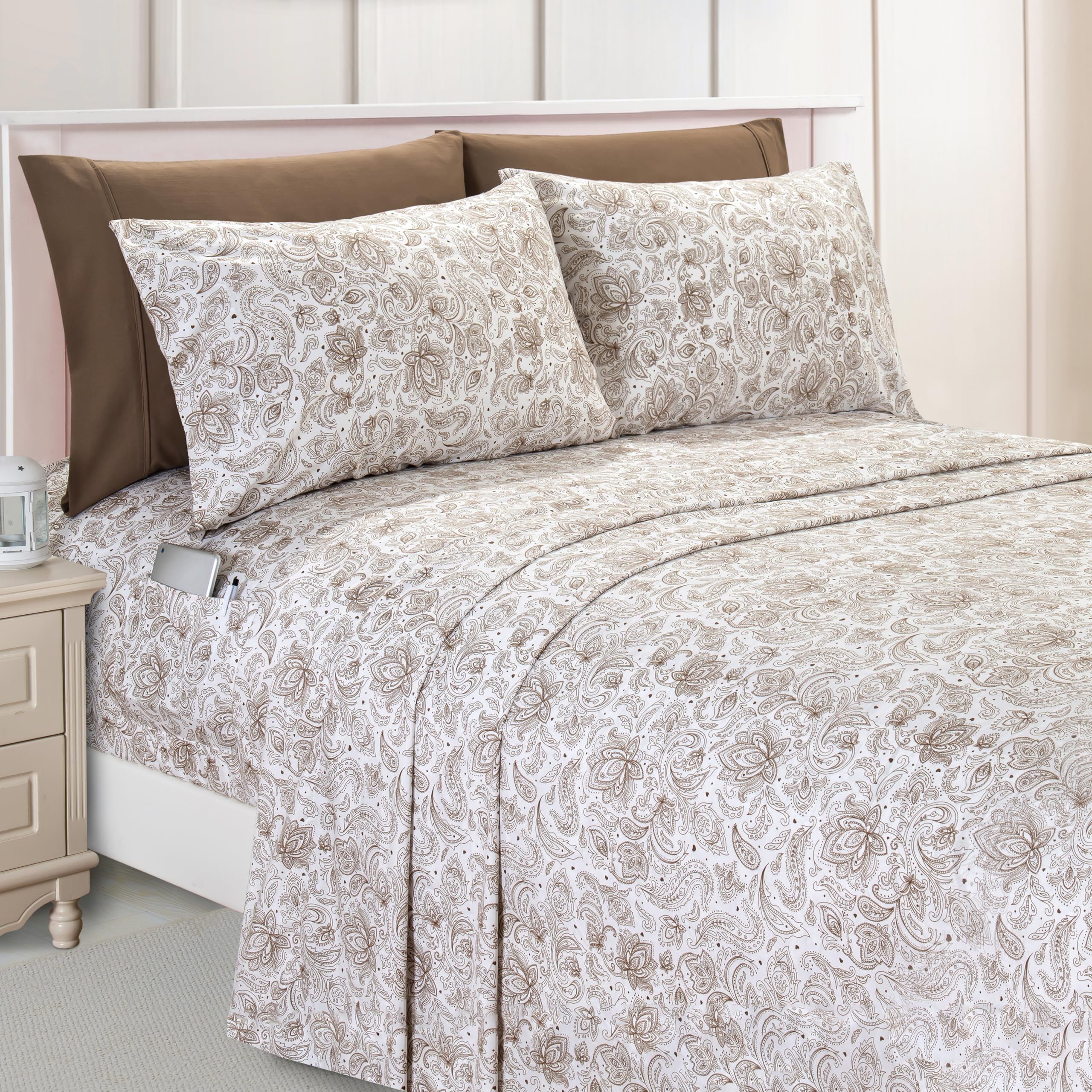 Elegant Comfort Luxury Soft Bed Sheets Paisley Pattern - 1500 Premium Hotel Quality Microfiber Softness Wrinkle And Fade Resistant (6-Piece) Bedding Set, California King, Paisley Taupe