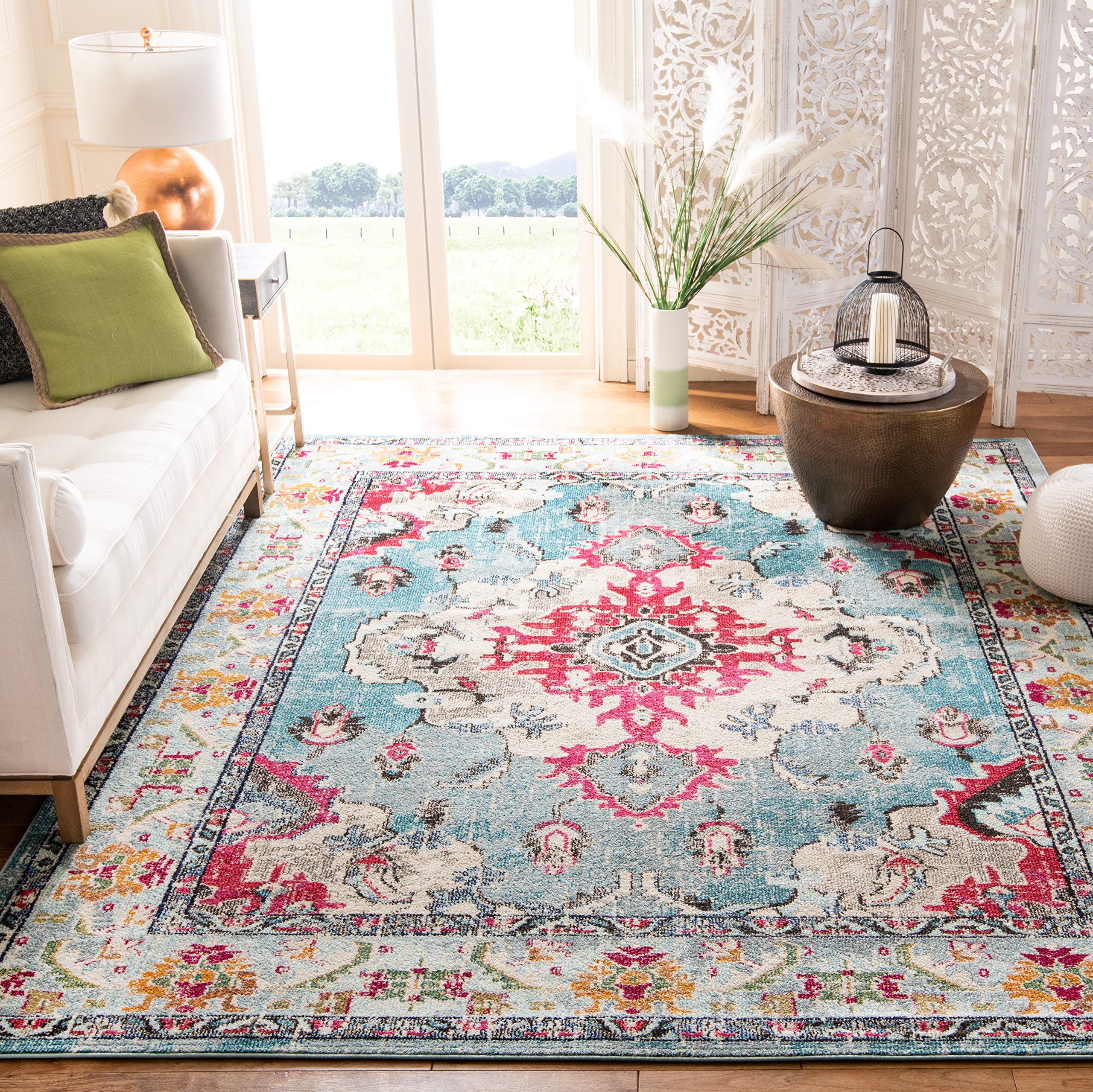 SAFAVIEH Monaco Collection Area Rug - 10 x 14, Light Blue & Fuchsia, Boho Chic Medallion Distressed Design, Non-Shedding & Eas