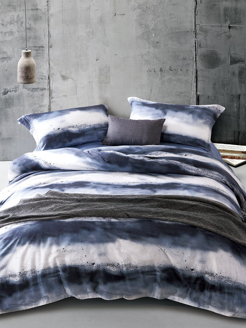 MILDLY 100% Long-Staple Cotton Duvet Cover Set Navy & White Striped Watercolor Pattern Printed Comforter Cover 3pcs, Ultra Soft 