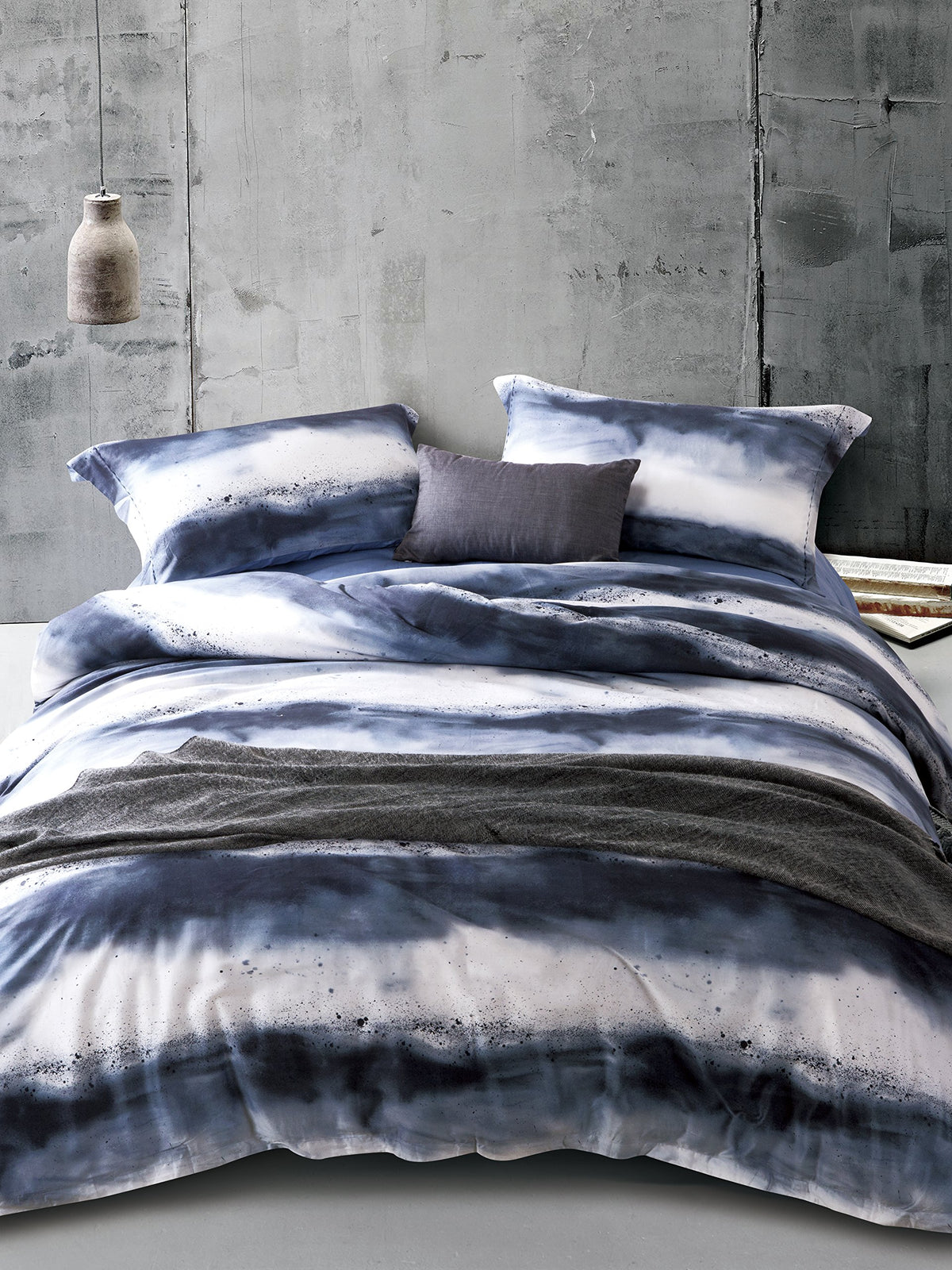 MILDLY 100% Long-Staple Cotton Duvet Cover Set Navy & White Striped Watercolor Pattern Printed Comforter Cover 3pcs, Ultra Soft 
