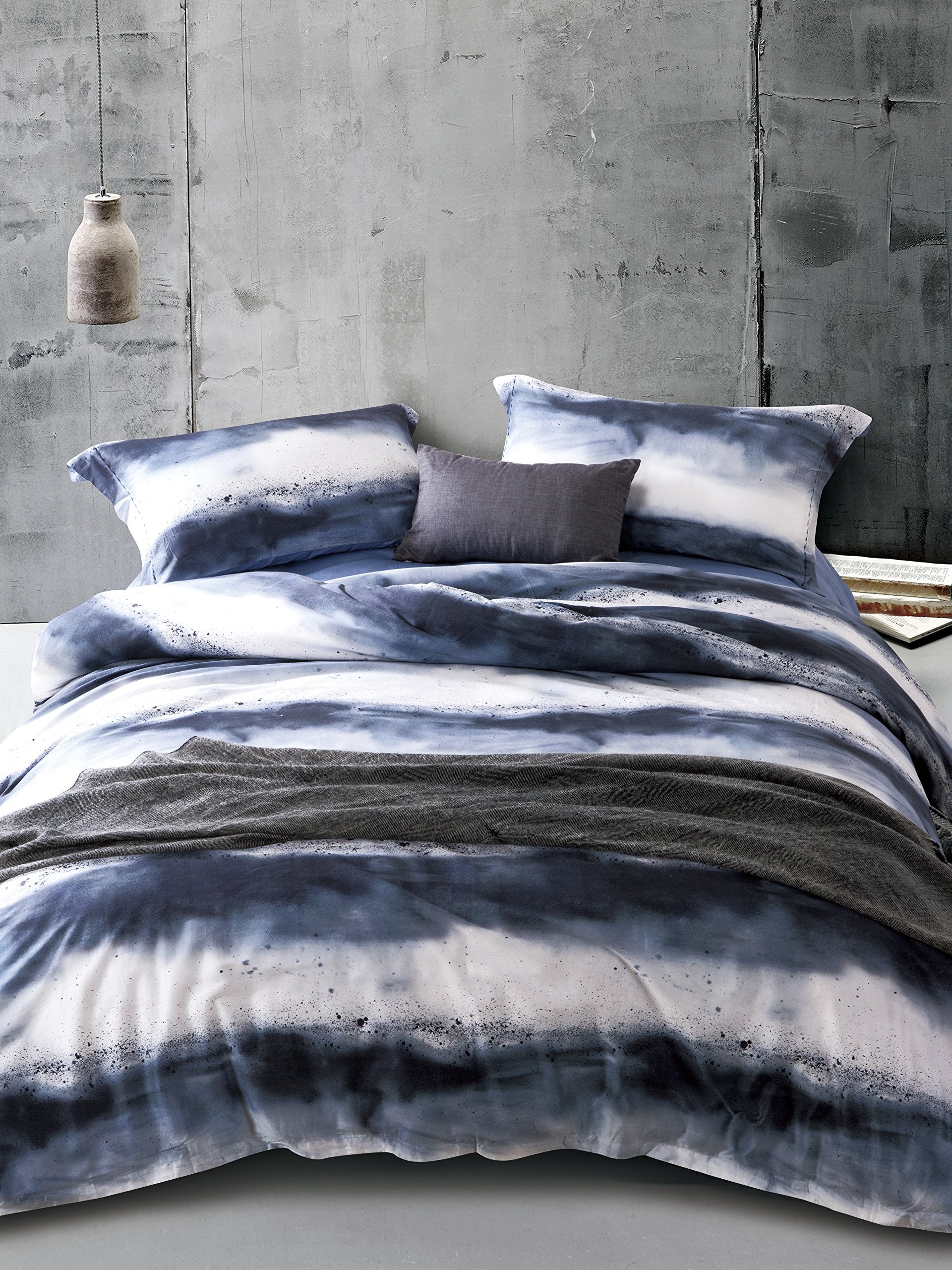 MILDLY 100% Long-Staple Cotton Duvet Cover Set Navy & White Striped Watercolor Pattern Printed Comforter Cover 3pcs, Ultra Soft 
