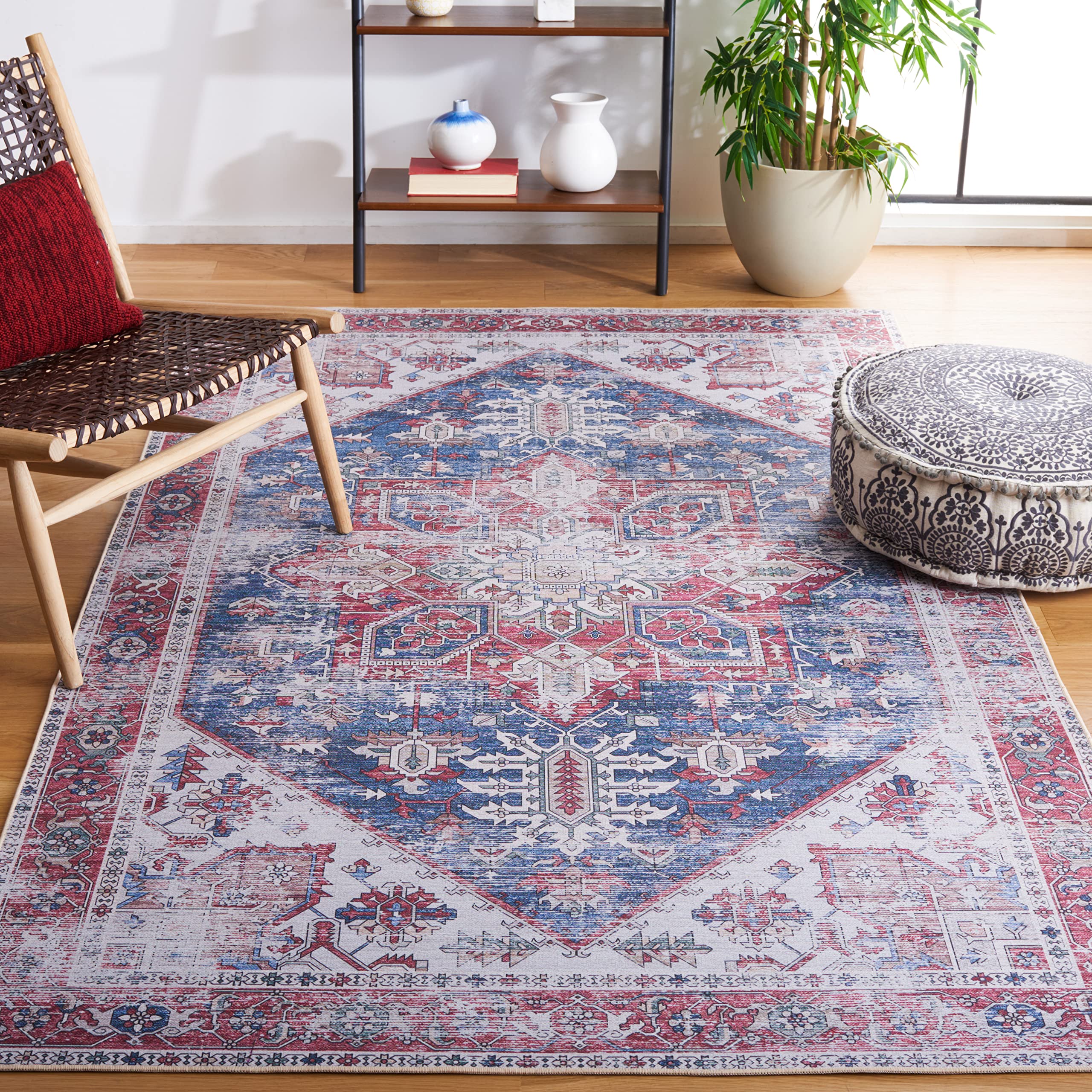 SAFAVIEH Tucson Collection Area Rug - 5 x 8, Navy & Red, Persian Medallion Design, Non-Shedding Machine Washable & Slip Resist