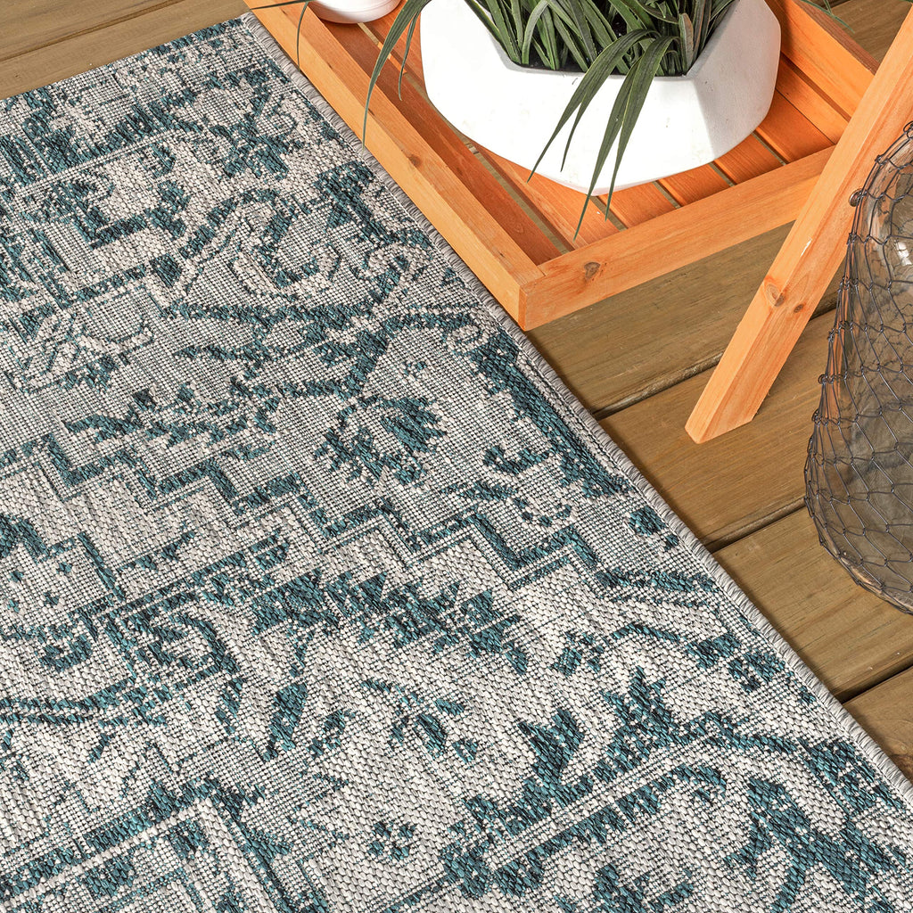 Jonathan Y Smb105C-5R Estrella Bohemian Medallion Textured Weave Indoor Outdoor Area-Rug Coastal Bohemian Rustic Glam Easy-Cleaning Bedroom Kitchen Backyard Patio Non Shedding, 5' Round, Teal/Gray