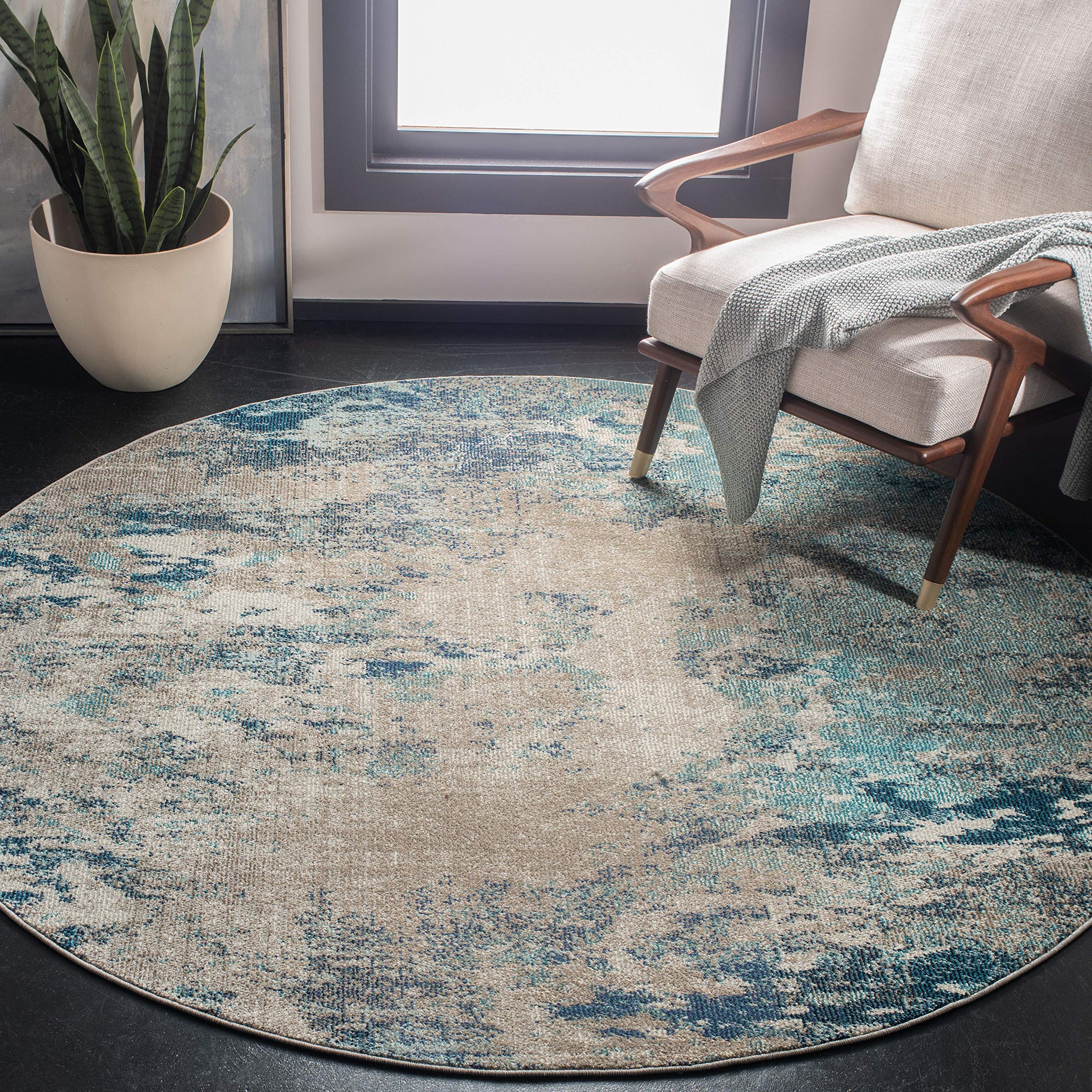SAFAVIEH Madison Collection Area Rug - 3 Round, Blue & Grey, Modern Boho Abstract Design, Non-Shedding & Easy Care, Ideal for H