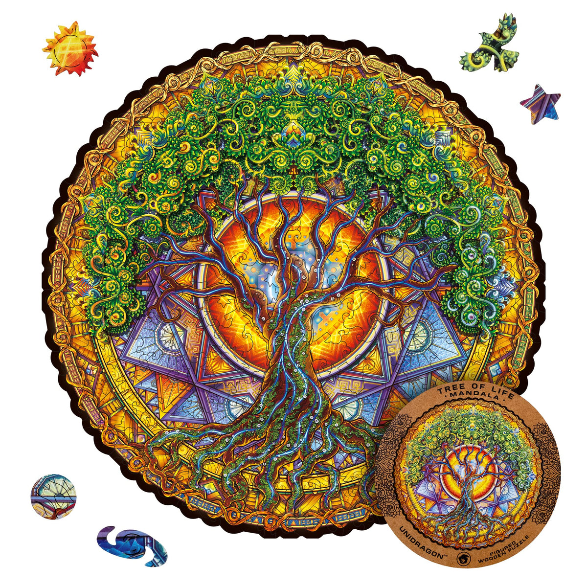 Unidragon Original Wooden Jigsaw Puzzles - Mandala Tree Of Life, 200 Pcs, Medium 98X98, Beautiful Gift Package, Unique Shape Bes