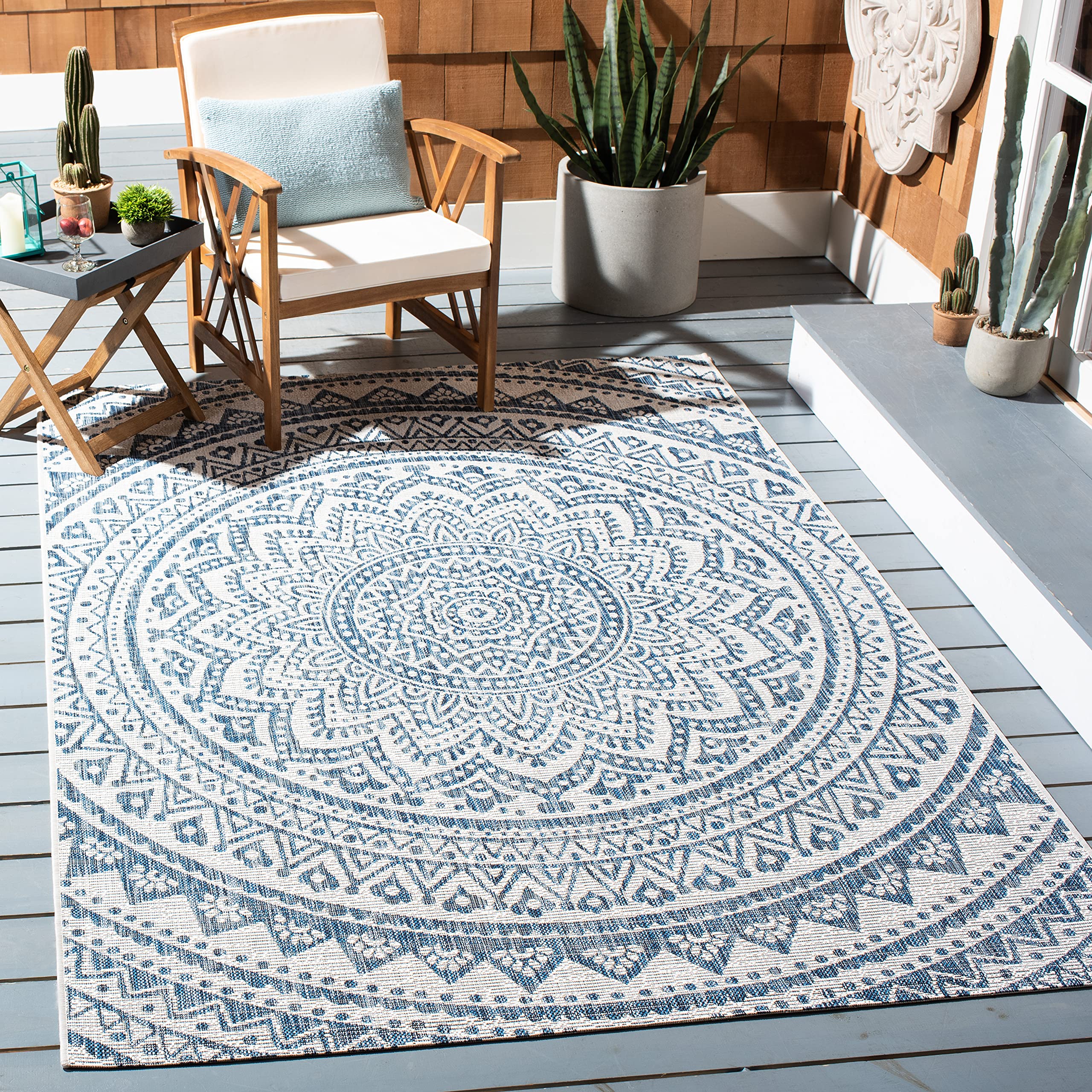 Safavieh Courtyard Collection Area Rug - 9' X 12', Ivory & Navy, Non-Shedding & Easy Care, Indoor/Outdoor & Washable-Ideal For P