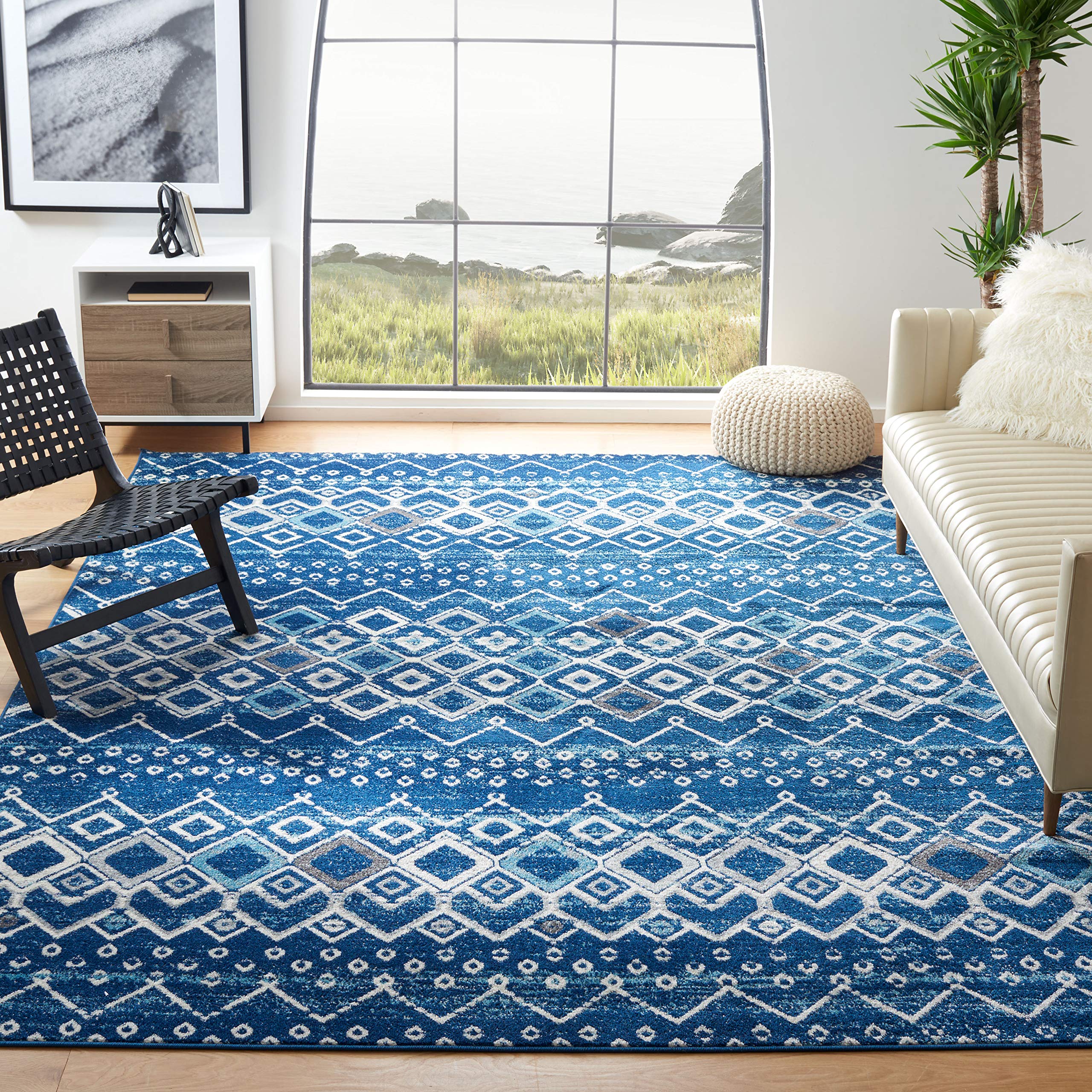 SAFAVIEH Amsterdam Collection Area Rug - 10 x 14, Navy & Beige, Moroccan Boho Design, Non-Shedding & Easy Care, Ideal for High