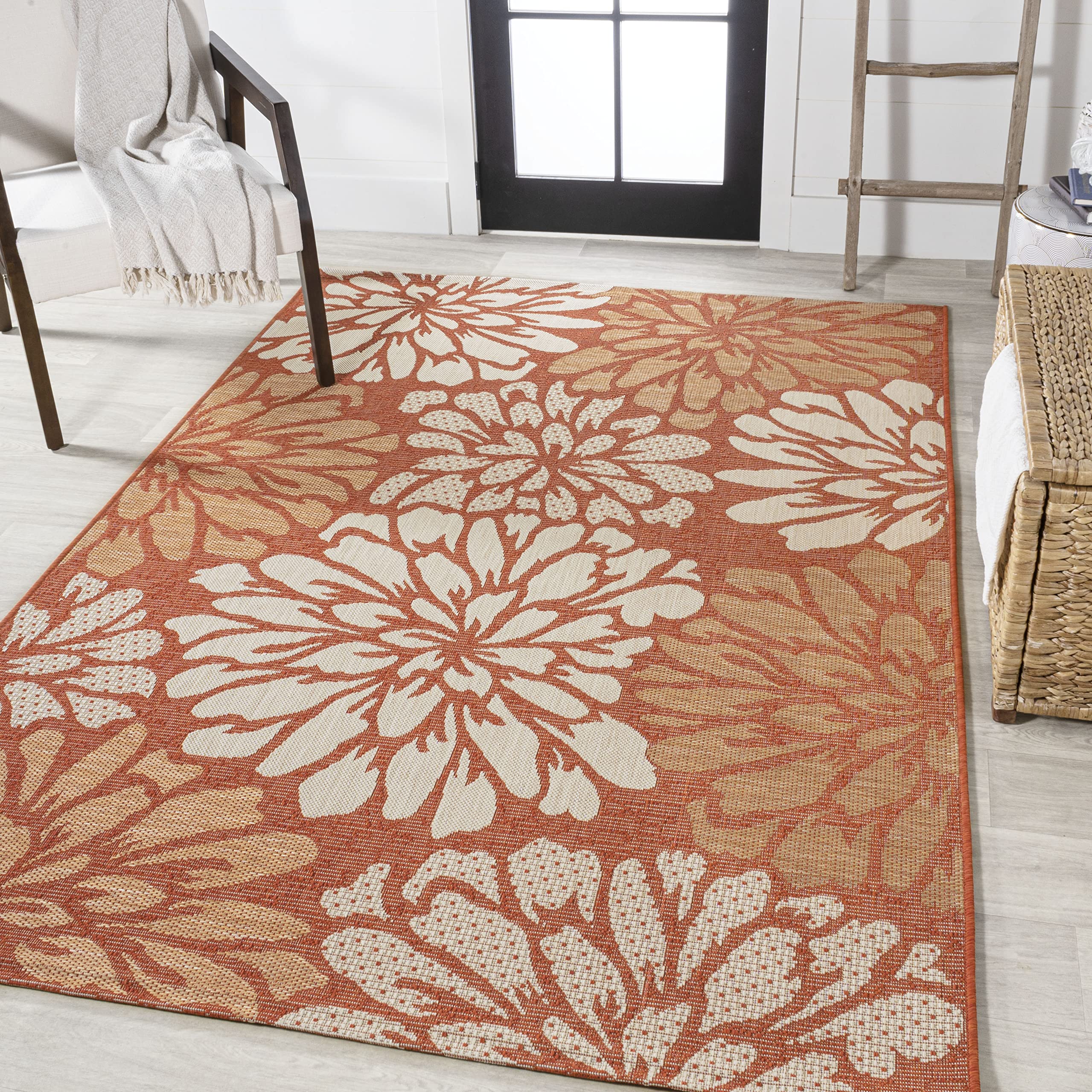 Jonathan Y Smb110E-8 Zinnia Modern Floral Textured Weave Indoor Outdoor Area-Rug, Bohemian Coastal Mediterranean Easy-Cleaning,Bedroom,Kitchen,Backyard,Patio,Non Shedding, 8 X 10, Orange/Cream
