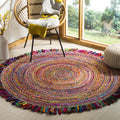 SAFAVIEH Cape Cod Collection Area Rug - 4 Round, Ivory & Red, Handmade Boho Fringe Jute & Cotton, Ideal for High Traffic Areas 