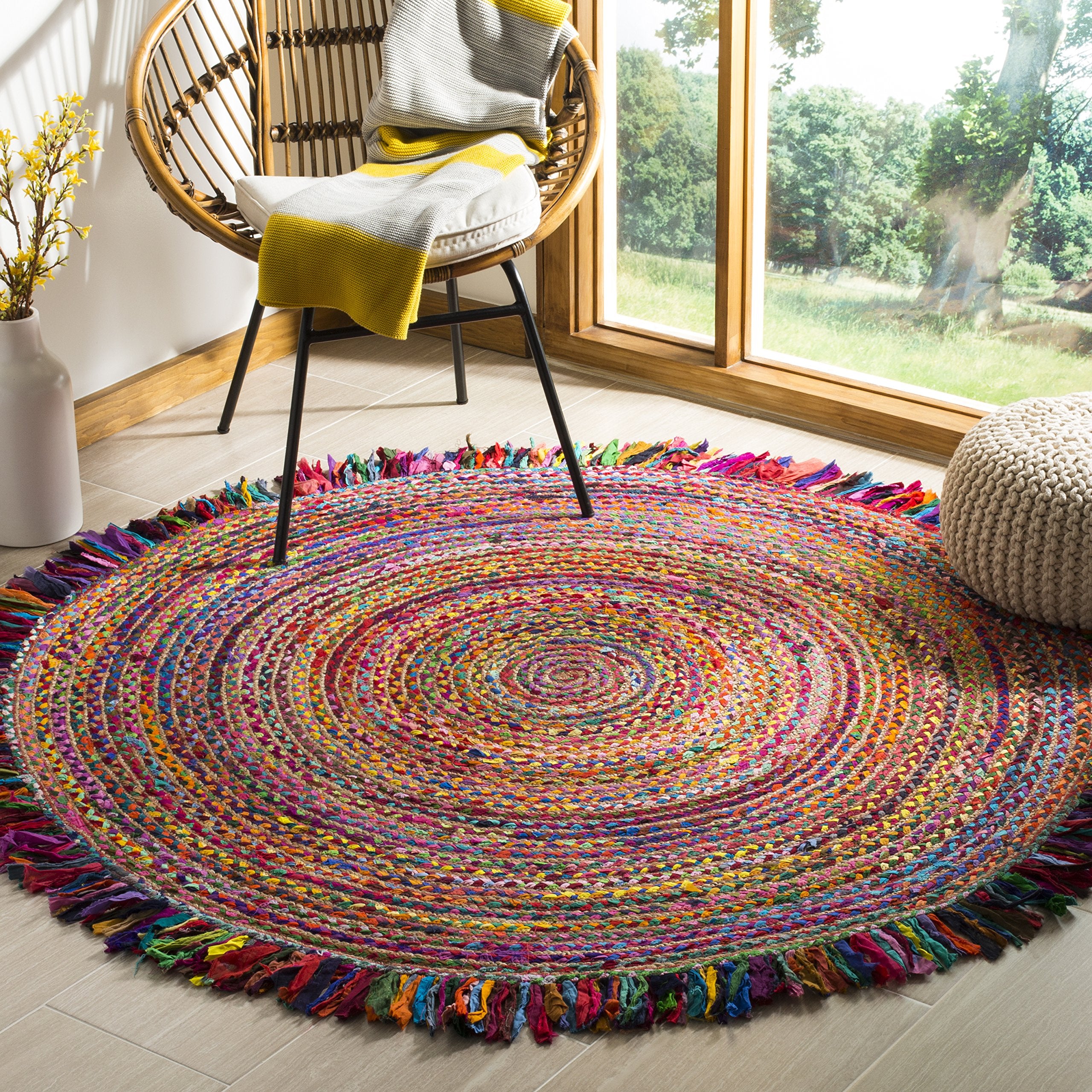 SAFAVIEH Cape Cod Collection Area Rug - 3 Round, Ivory & Red, Handmade Boho Fringe Jute & Cotton, Ideal for High Traffic Areas 