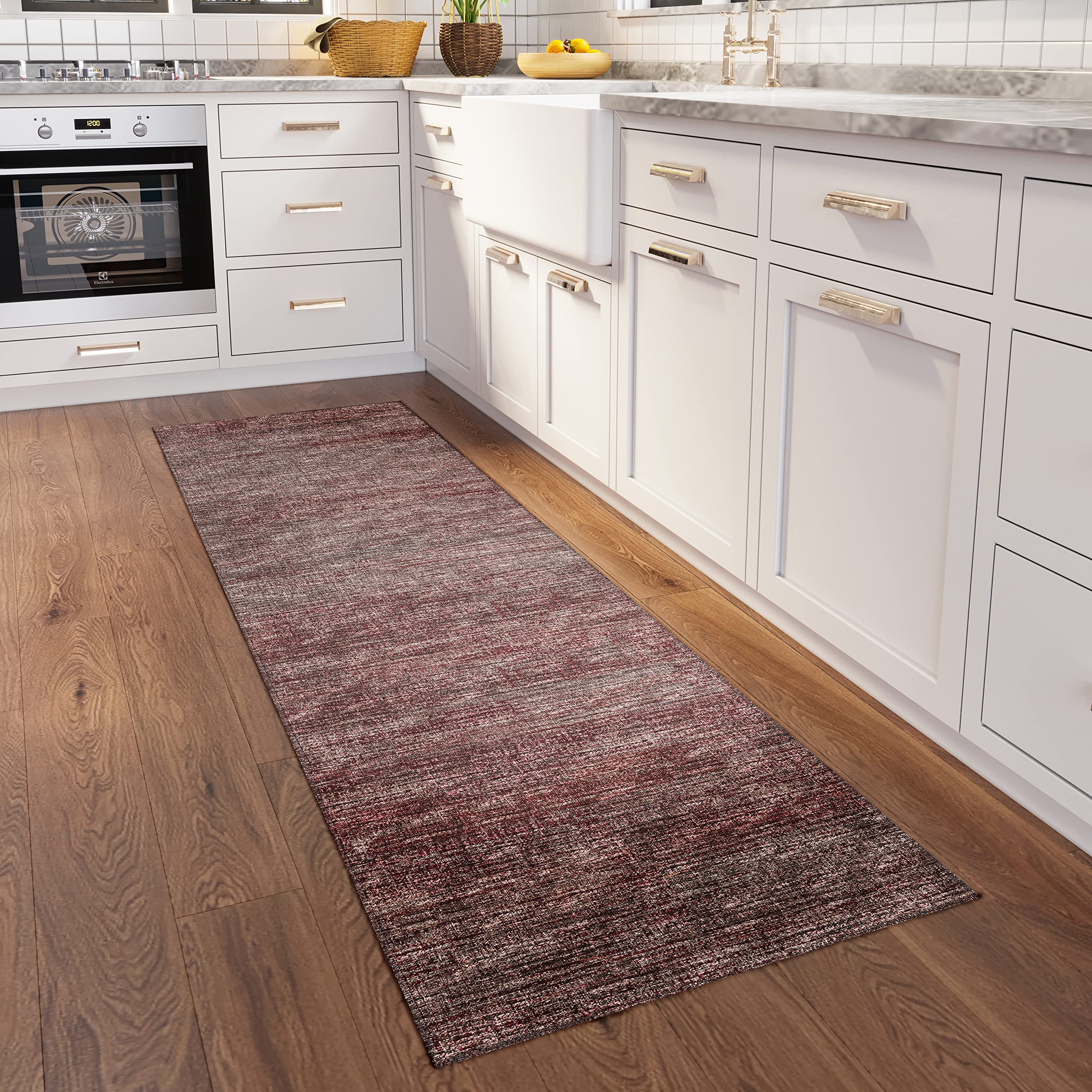 Addison Rugs Marston 2'3" X 7'6" Transitional Burgundy Indoor Outdoor Hallway Runner Rug, Stain Resistant Washable Carpet, Easy Clean, Non Shedding, Bedroom, Living Room, Dining Room, Kitchen Rug