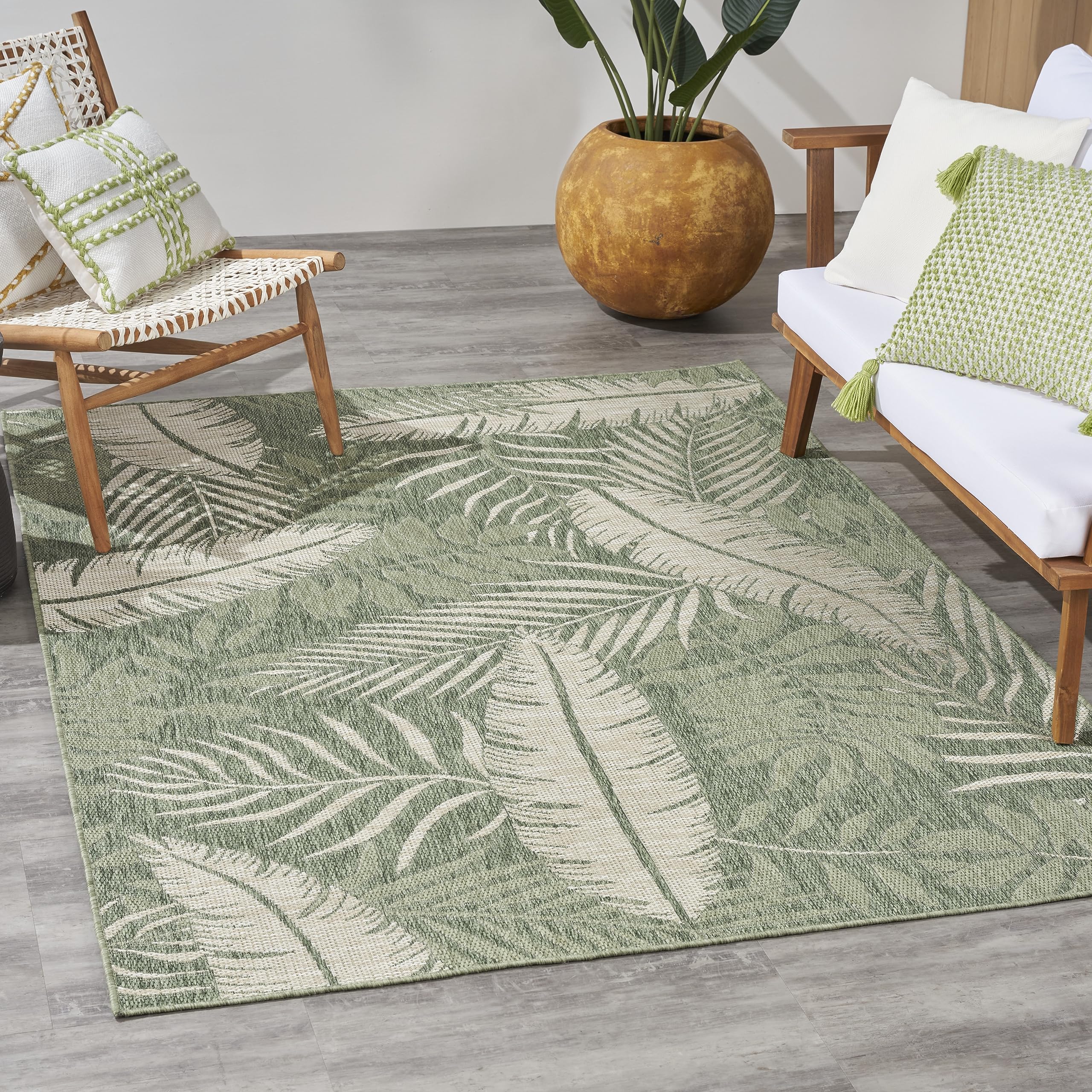 Nourison Garden Oasis Indoor/Outdoor Green Ivory 6' X 9' Area Rug, Easy Cleaning, Non Shedding, Bed Room, Living Room, Dining Ro