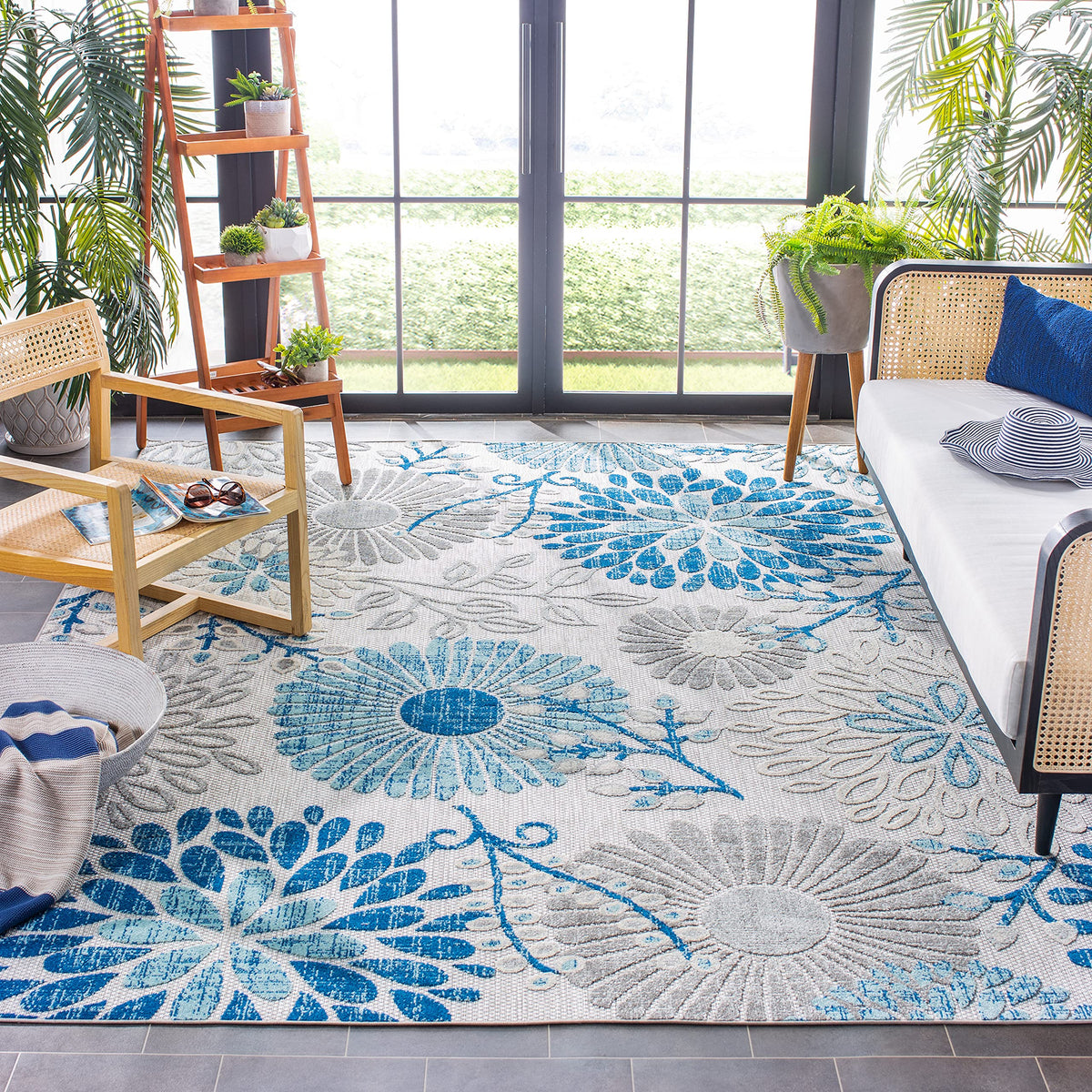 Safavieh Cabana Collection 8' Square Grey/Blue Cbn832F Floral Indoor/ Outdoor Non-Shedding Easy Cleaning Patio Backyard Deck Por