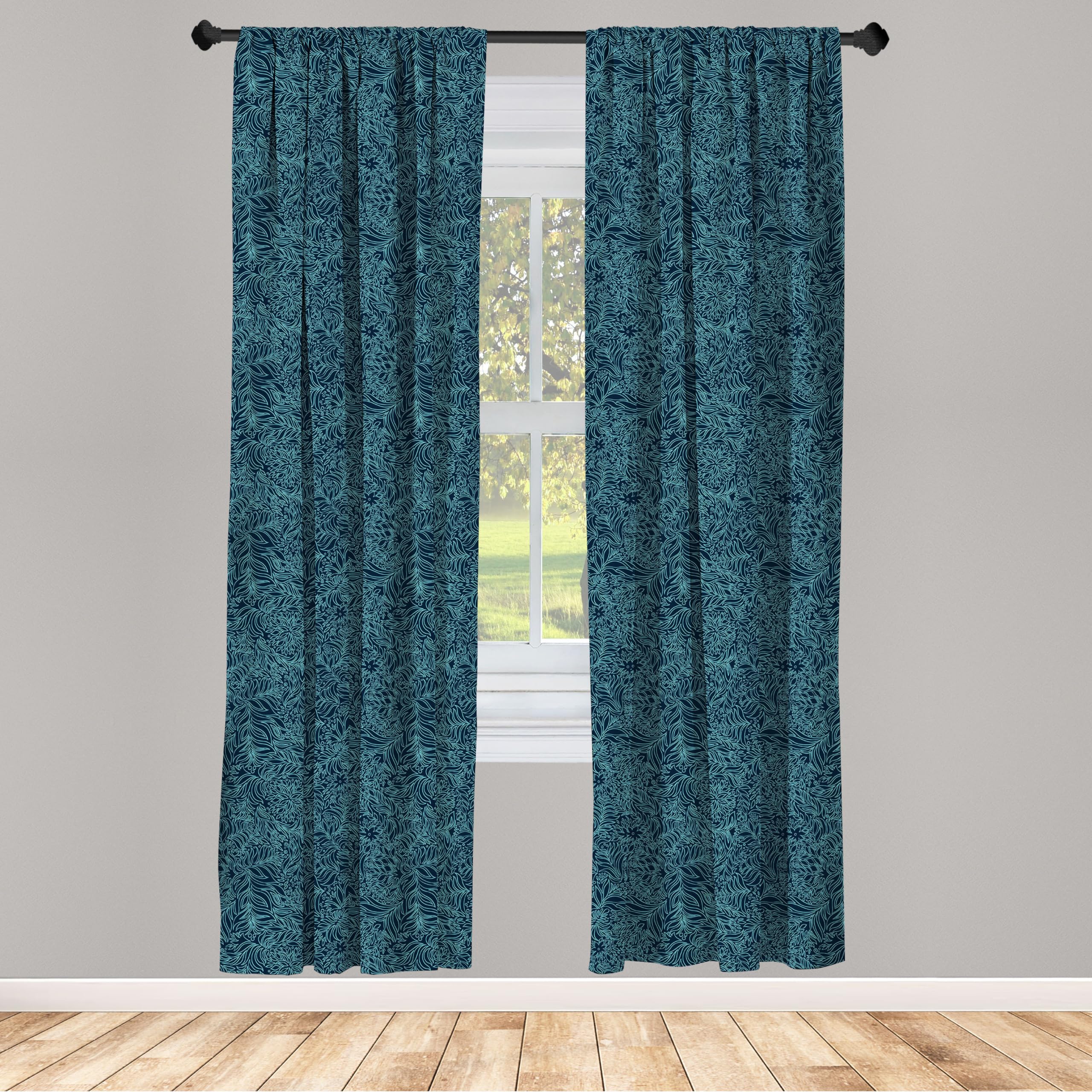 Ambesonne Navy And Teal Window Curtains, Abstract Flourish Nature Inspired Pattern Leaves Blossoms Print, Lightweight Decor 2-Pa