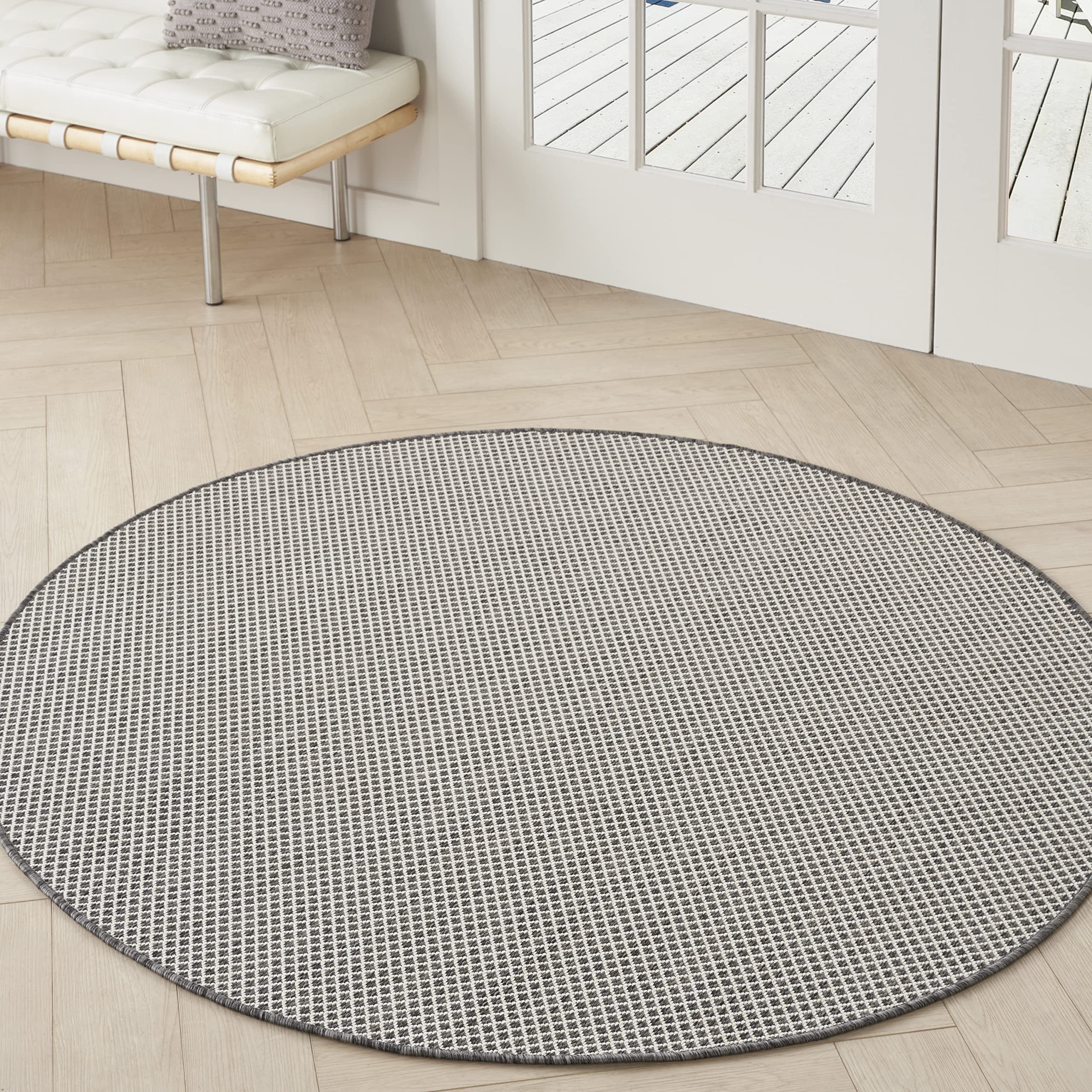Nourison Courtyard Indoor/Outdoor Ivory/Charcoal 4' X Round Area Rug, Easy Cleaning, Non Shedding, Bed Room, Living Room, Dining