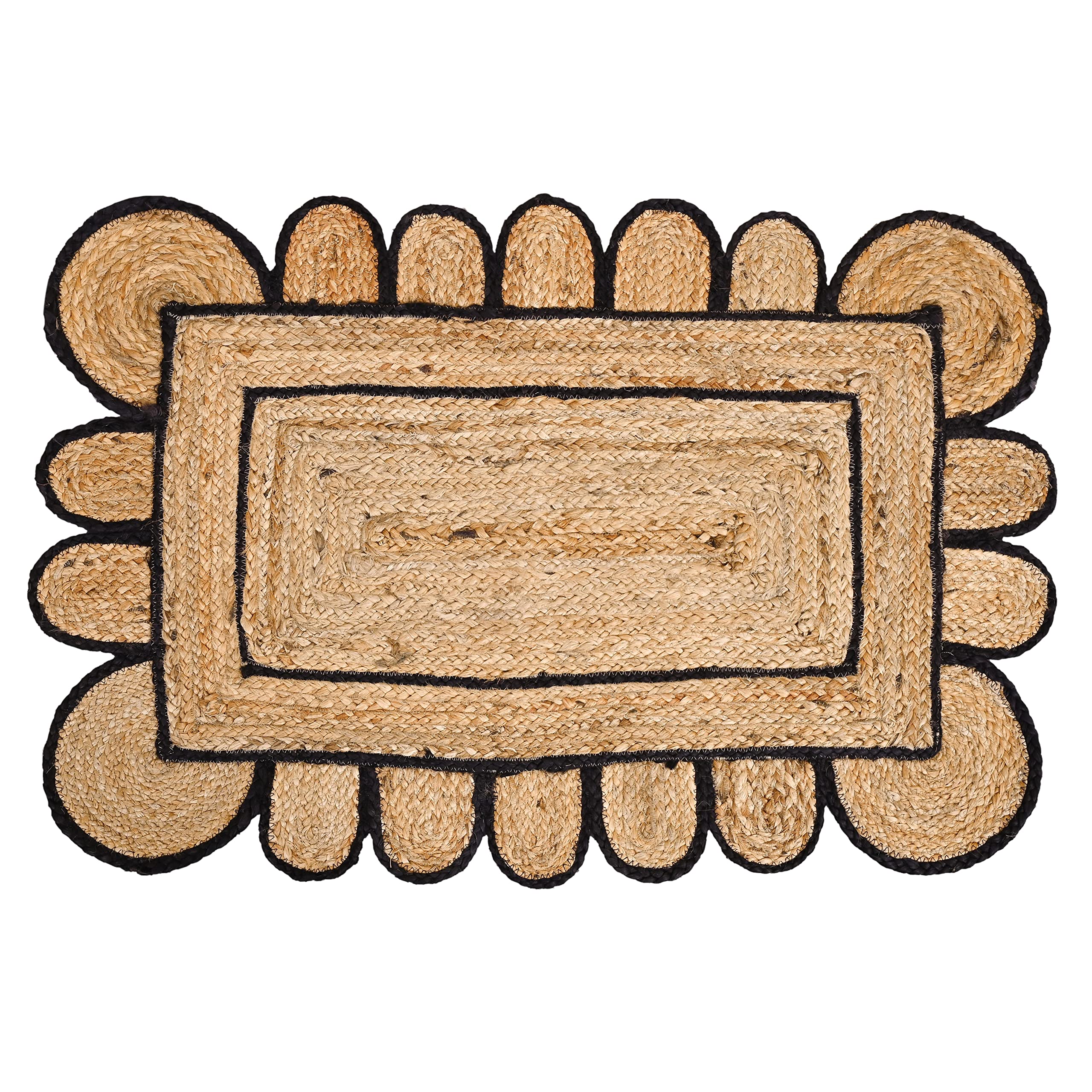 KLAVATE Scalloped Home Decor Braided Bohemian Jute Classic Quality Made Natural Hand Woven Area Rug (Black, 2x3 feet)