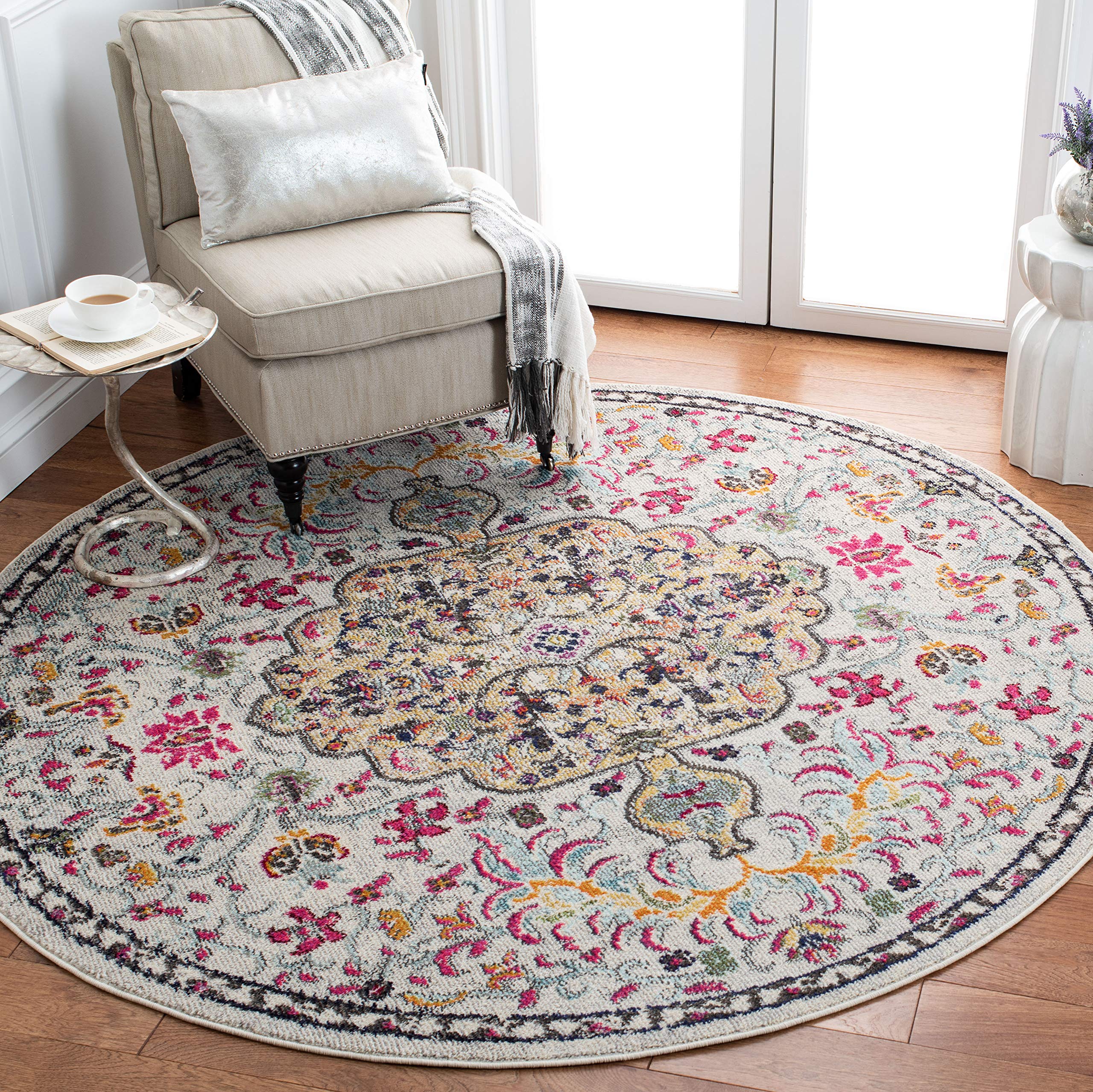 SAFAVIEH Madison Collection 67 Round Grey / Gold MAD447G Boho Chic Medallion Distressed Non-Shedding Dining Room Entryway Foyer