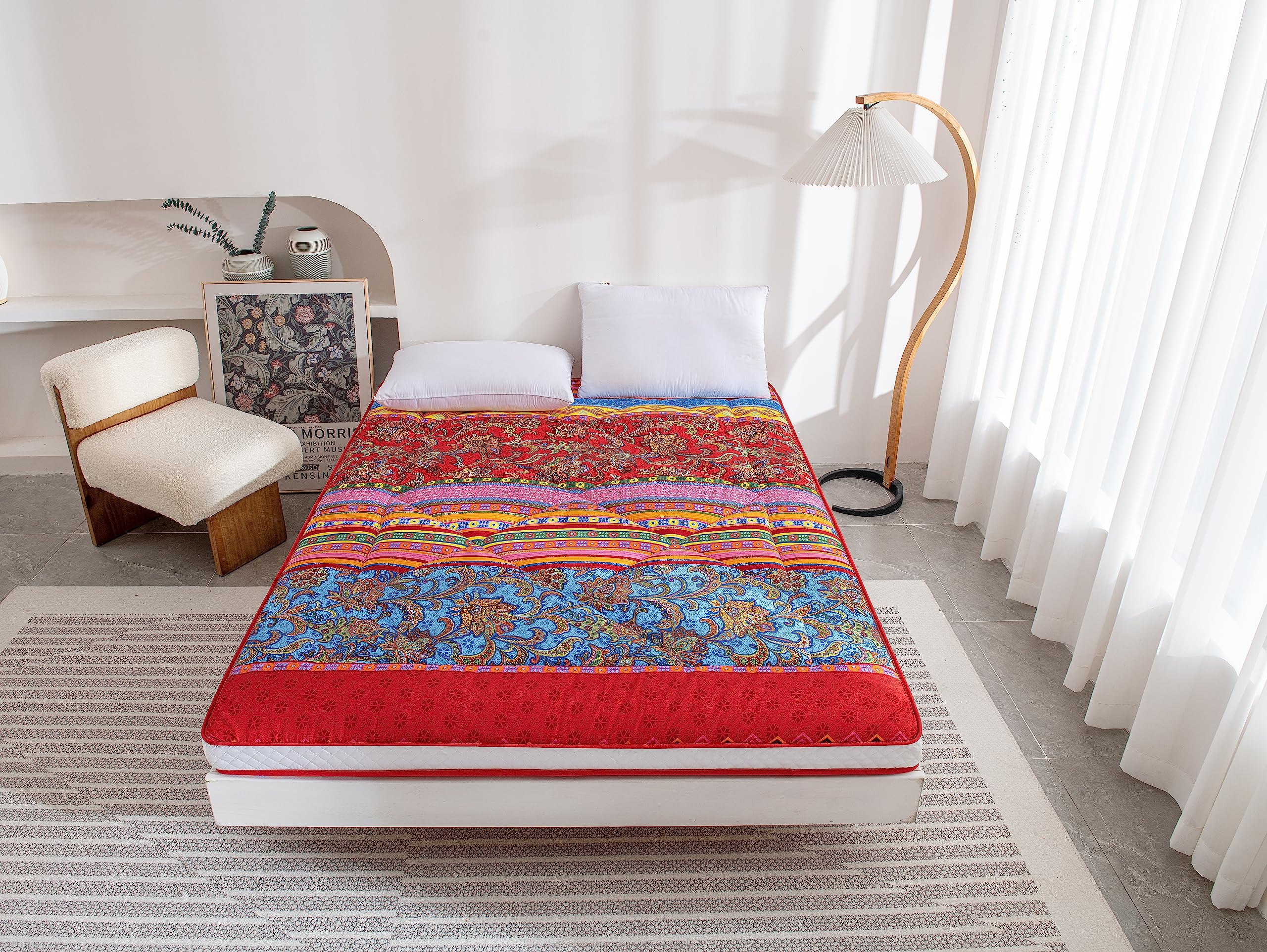 Heimorn Japanese Floor Mattress Futon Mattress, Thicken Sleeping Mattress Foldable & Portable Roll Up Camping Mattress, Bohemia Yellow Queen