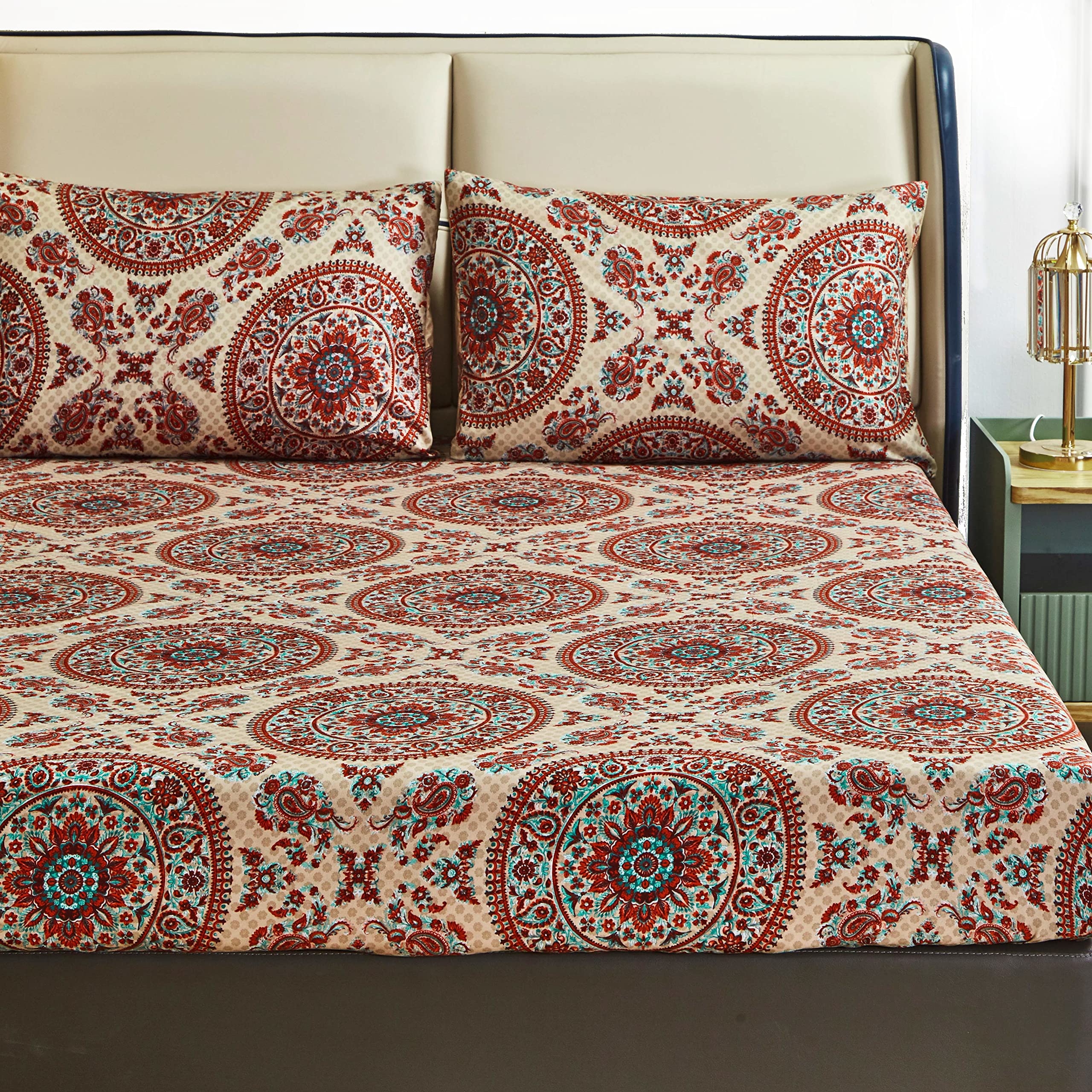Tache Bohemian Mandala Fitted Sheet + Pillowcases  Retro Vintage Rustic Boho Chic Medallion Paisley Boteh 15Inch Deep Pocket B