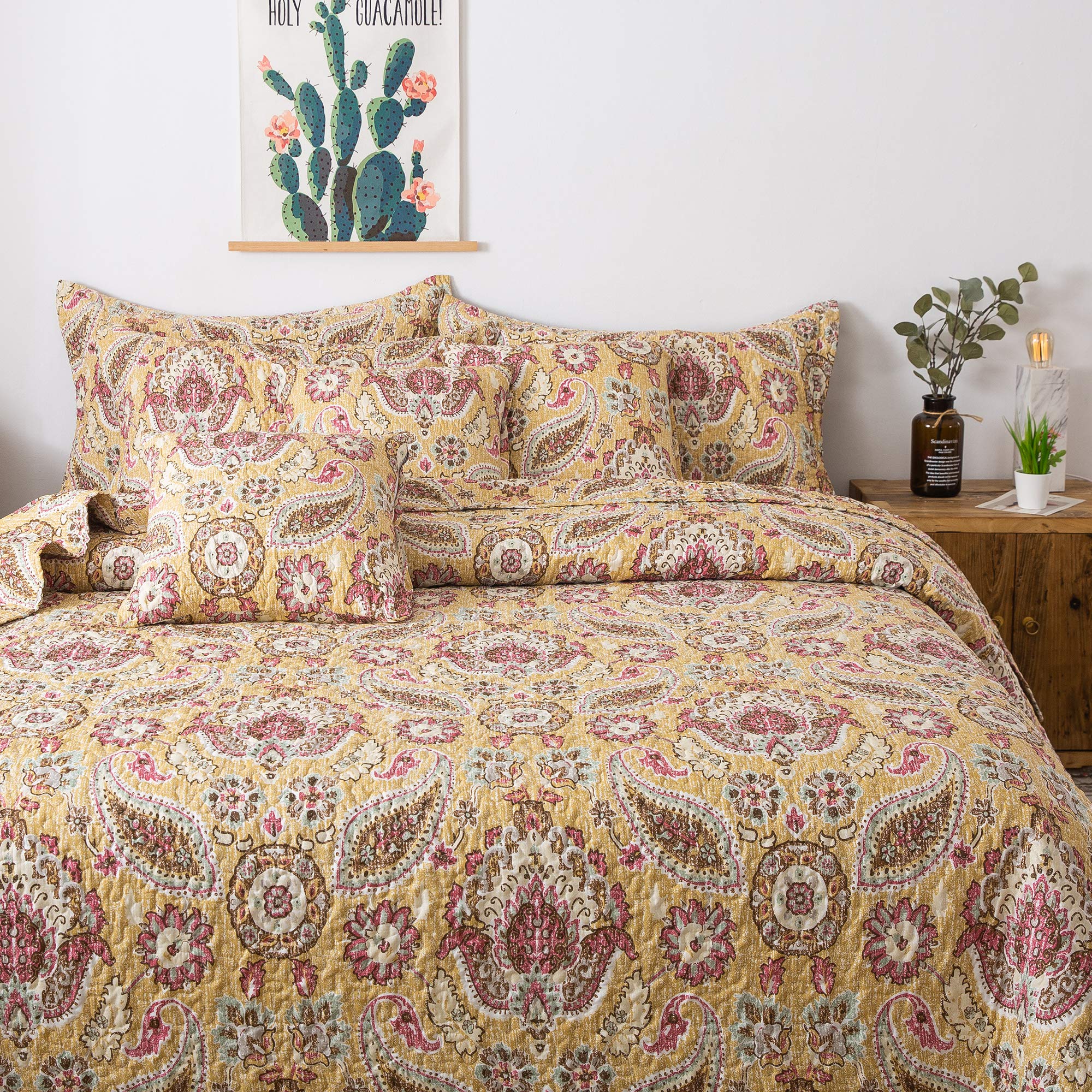 Tache 3 Piece Summer Gold Yellow Pink Royal Medallion Lightweight Bedspread Quilt Set, King