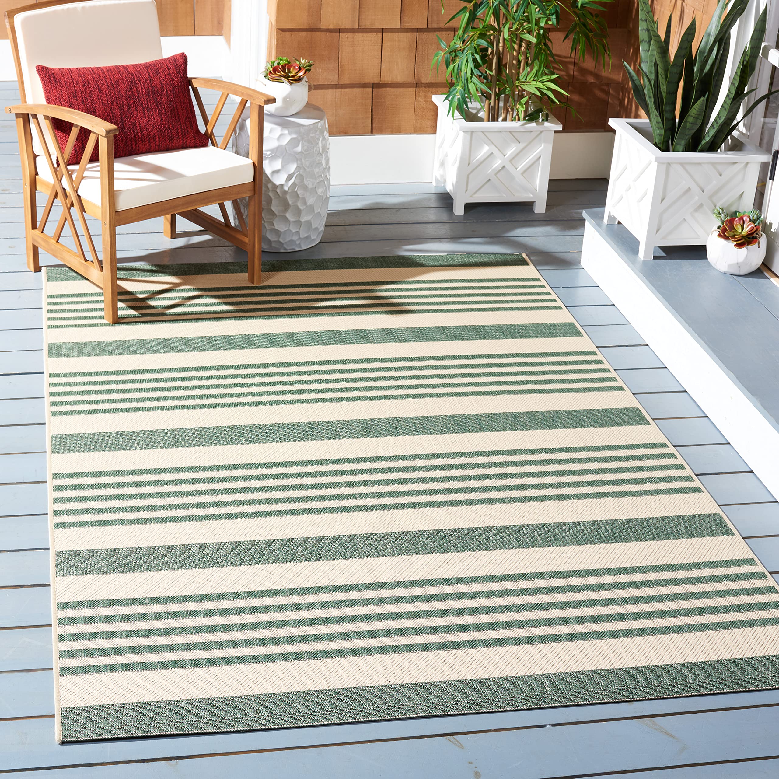 Safavieh Courtyard Collection Area Rug - 5'3'' X 7'7'', Beige & Dark Green, Stripe Design, Non-Shedding & Easy Care, Indoor/Outd