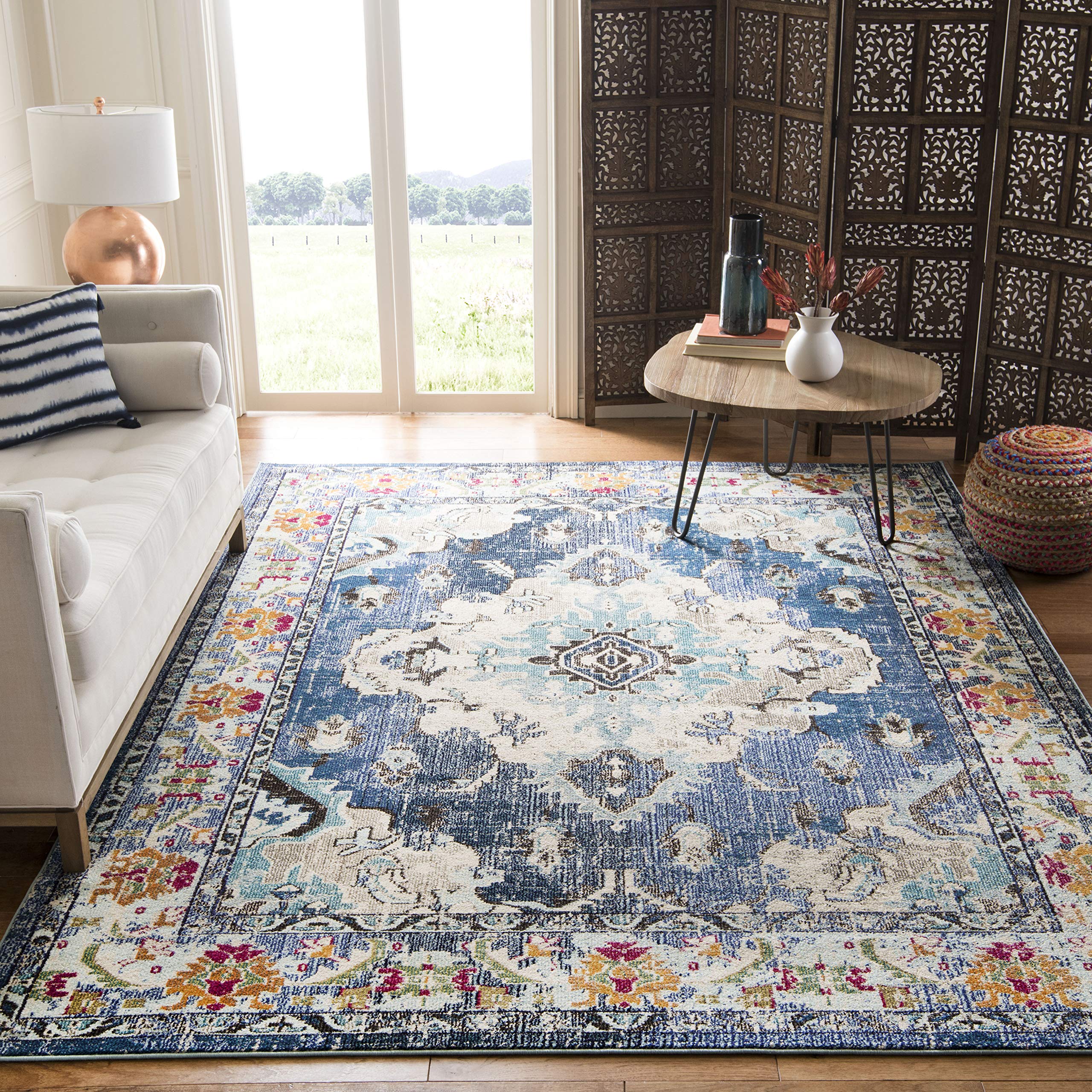 SAFAVIEH Monaco Collection Area Rug - 9 x 12, Navy & Light Blue, Boho Chic Medallion Distressed Design, Non-Shedding & Easy Ca