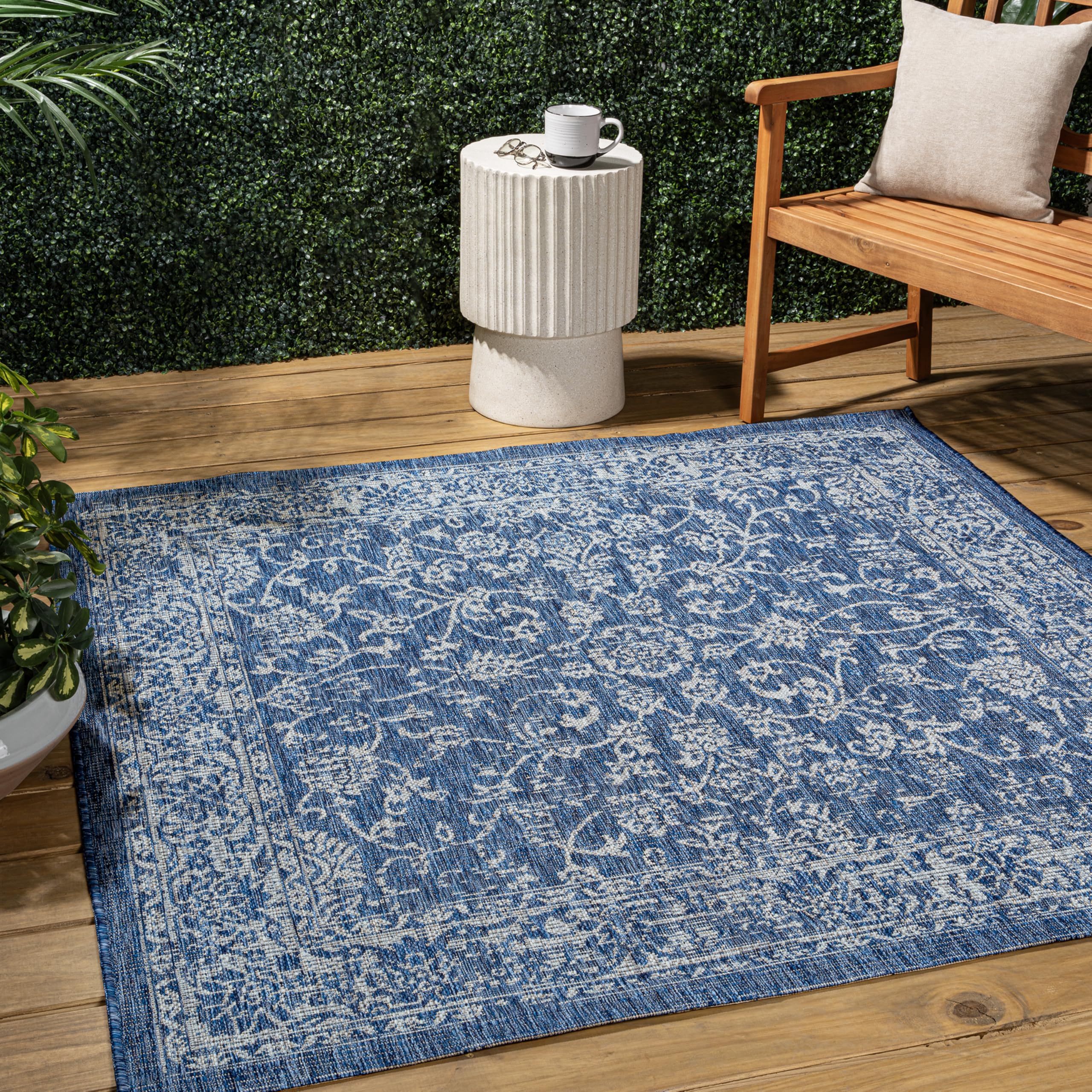 Jonathan Y Smb100B-3Sq Tela Bohemian Textured Weave Floral Navy/Gray 3' Square Indoor/Outdoor Area Rug, Pet Friendly, Non-Sheddi