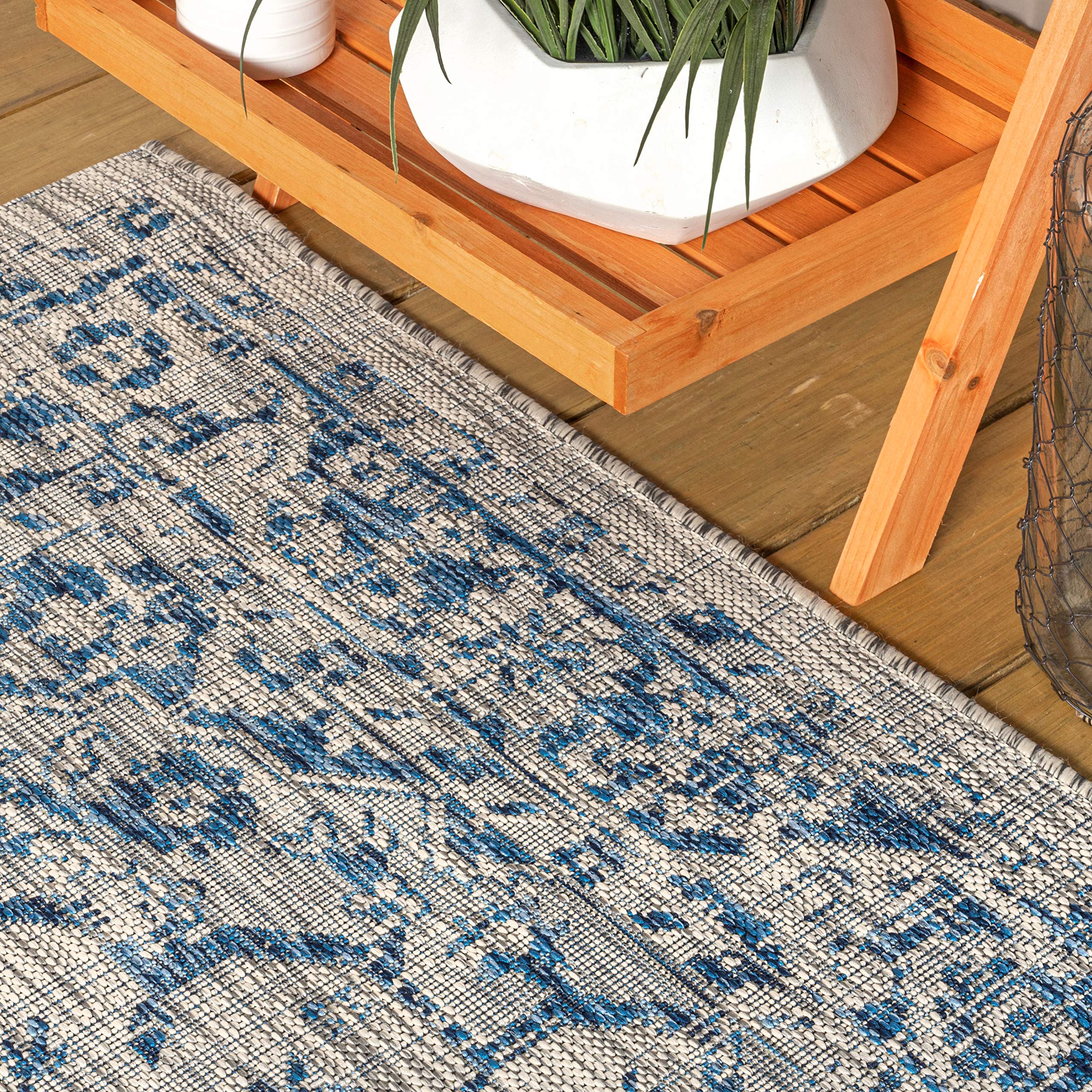 Jonathan Y Smb102B-28 Rozetta Boho Medallion Textured Weave Indoor Outdoor -Area Rug Coastal Bohemian Rustic Glam Easy-Cleaning Bedroom Kitchen Backyard Patio Non Shedding, 2 X 8, Gray/Navy