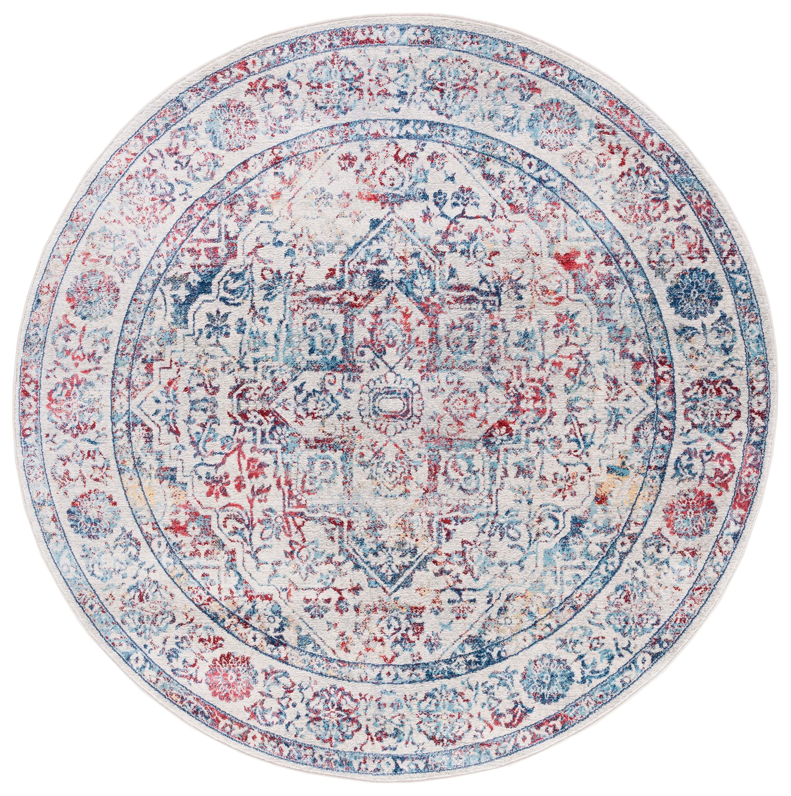 Safavieh Brentwood Collection Area Rug - 3' Round, Ivory & Blue, Medallion Distressed Design, Non-Shedding & Easy Care, Ideal Fo