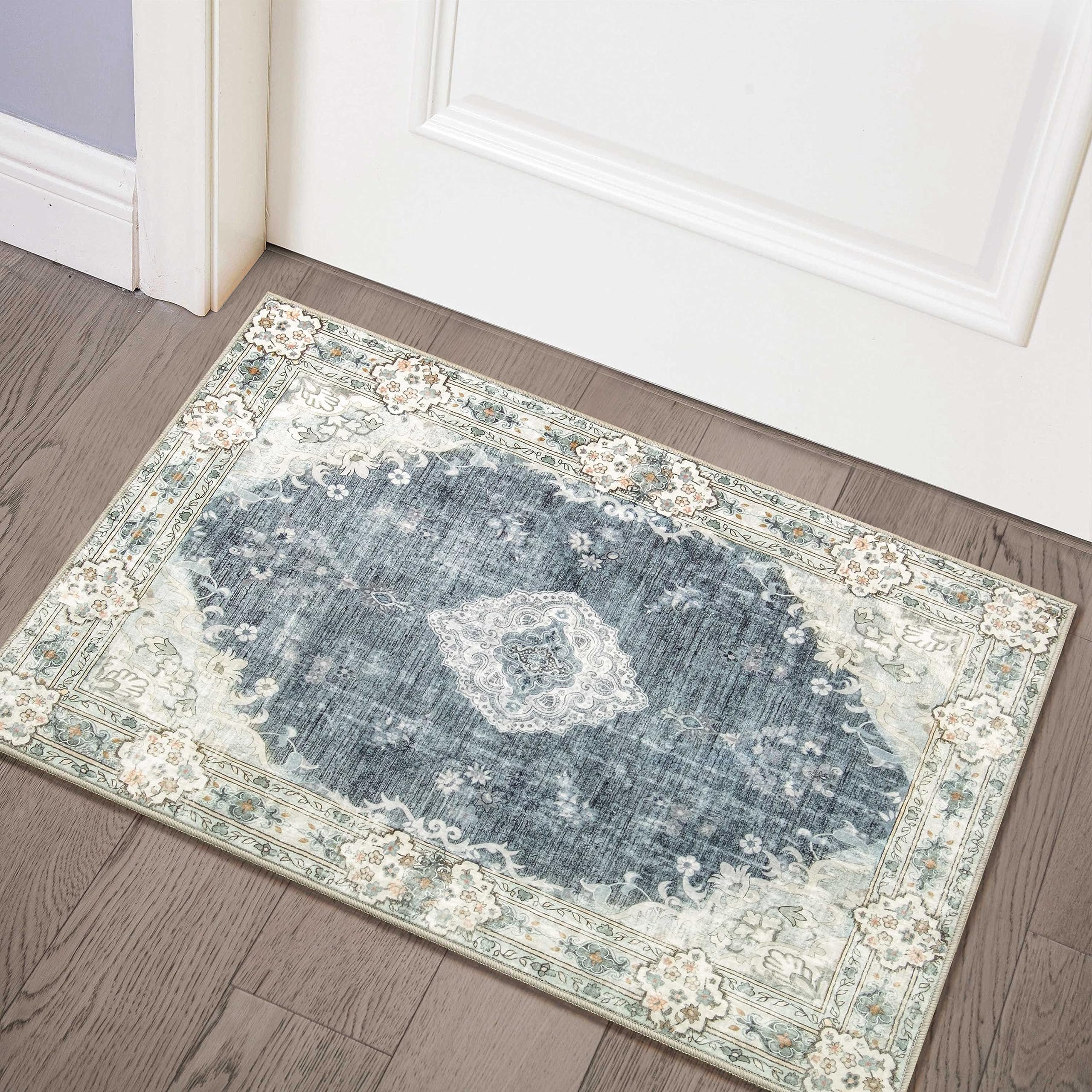 MUJOO Blue Grey Area Rug Small Rugs Boho Machine Washable Rugs Non Slip for Entryway Kitchen Bathroom Bedroom Vintage Soft Low-P