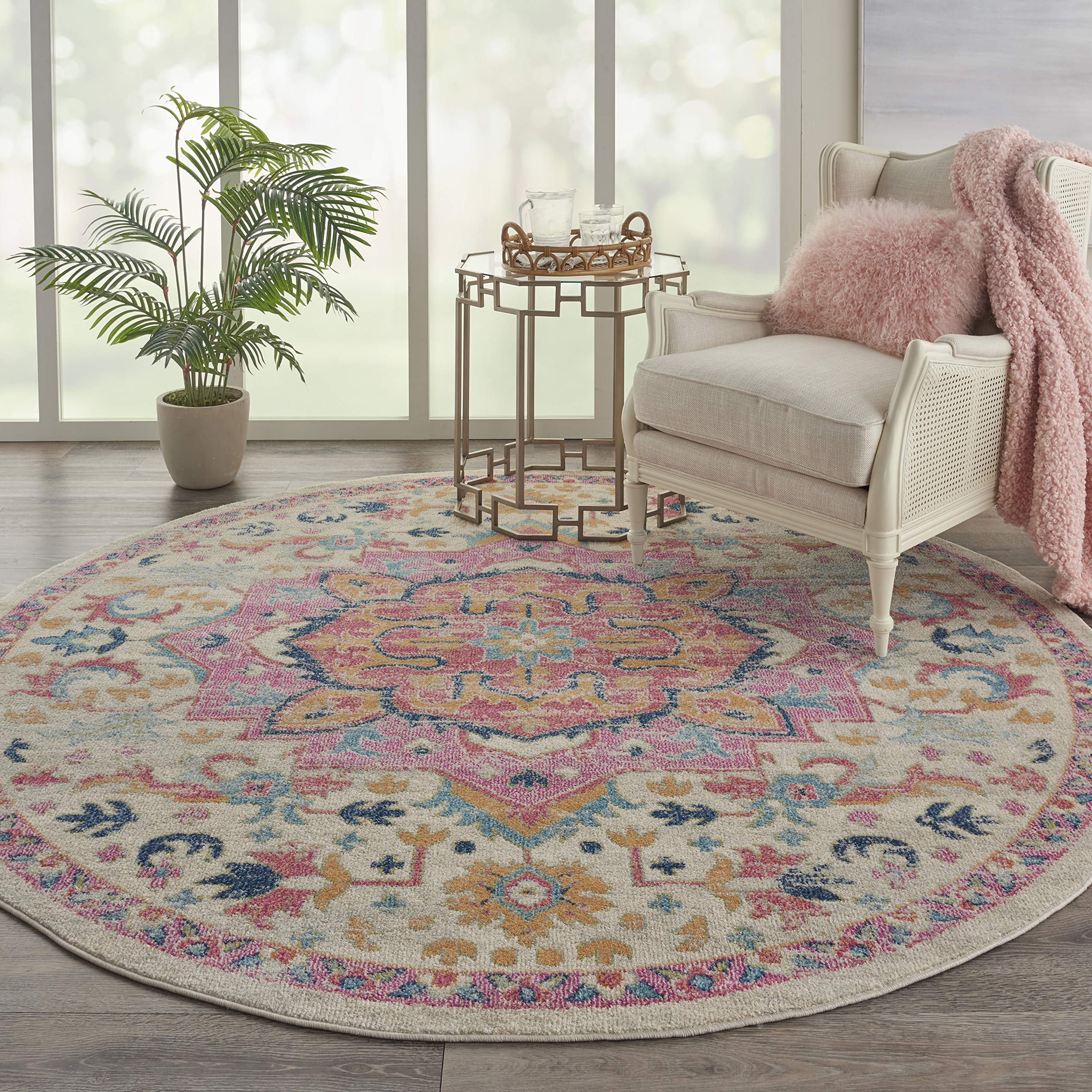 Nourison Passion Ivory/Pink 8' X Round Area Rug, Boho, Moroccan, Bed Room, Living Room, Dining Room, Kitchen, Easy Cleaning, Non