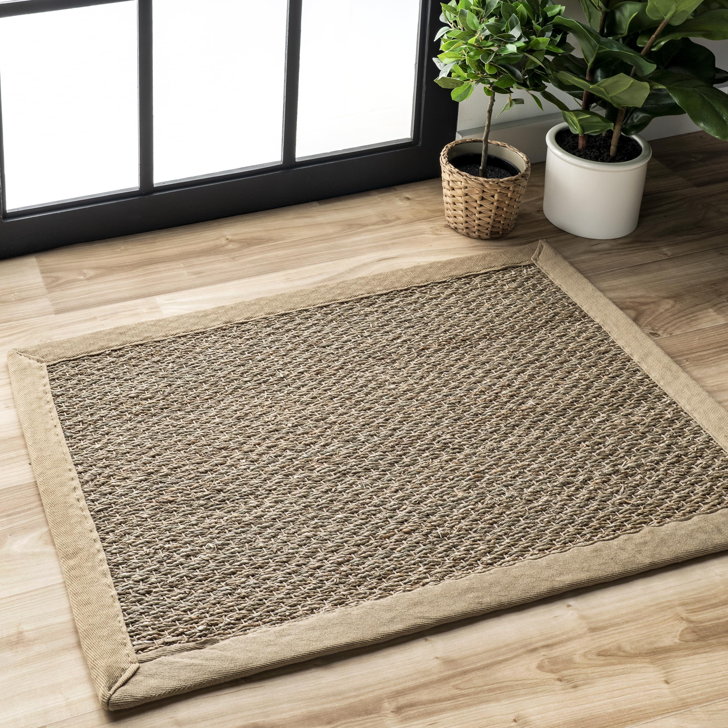 nuLOOM 2x3 Elijah Seagrass Area Rug, Beige, Solid Farmhouse Style, Cotton Bordered, Basketweave, Natural Fiber, For Bedroom, Din