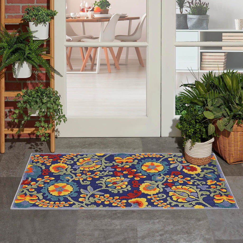 Nourison Aloha Indoor/Outdoor Navy Multicolor 2'8' X 4' Area Rug, Easy Cleaning, Non Shedding, Bed Room, Living Room, Dining Room, Backyard, Deck, Patio (3X4)