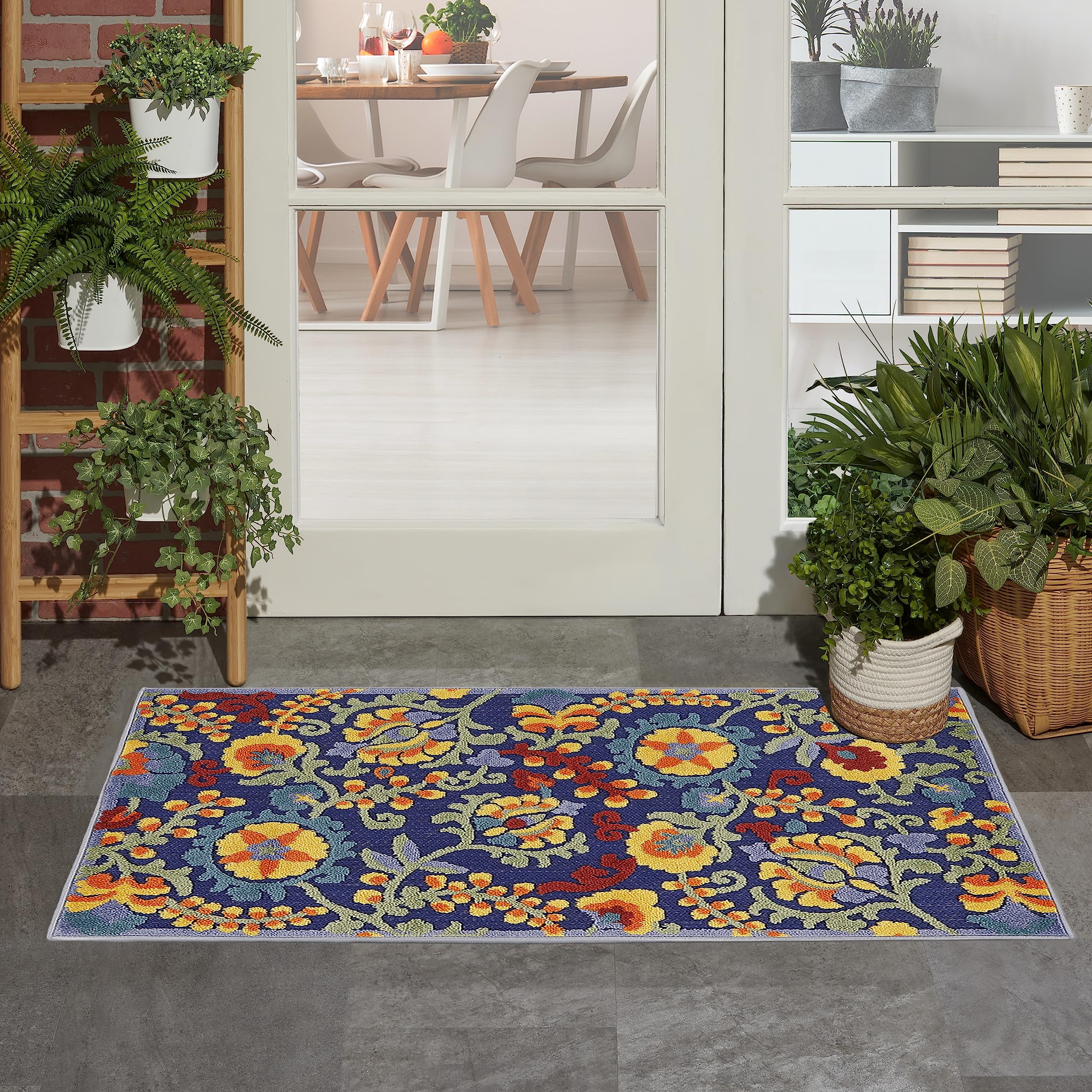 Nourison Aloha Indoor/Outdoor Navy Multicolor 2'8' X 4' Area Rug, Easy Cleaning, Non Shedding, Bed Room, Living Room, Dining Room, Backyard, Deck, Patio (3X4)