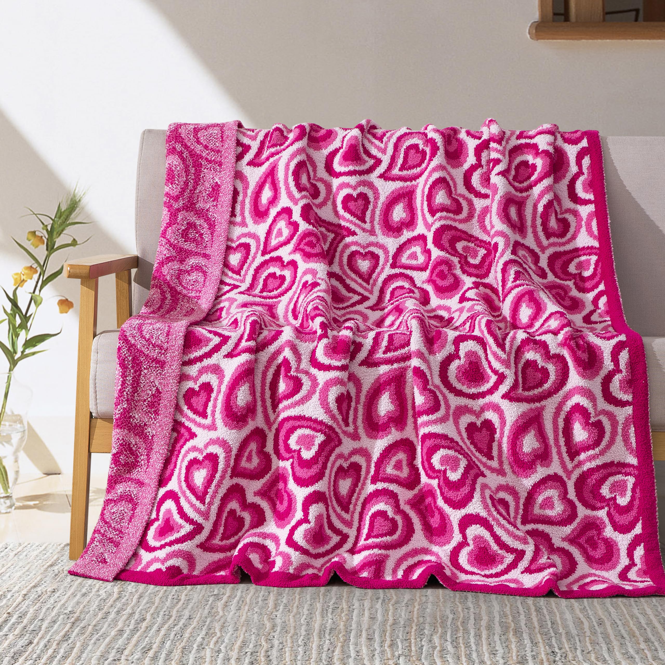 Elegant Comfort Premium Valentine'S Day Throw Blanket - Ultra Soft And Lightweight, Luxury Knitted Breathable Pink Hearts Blanke