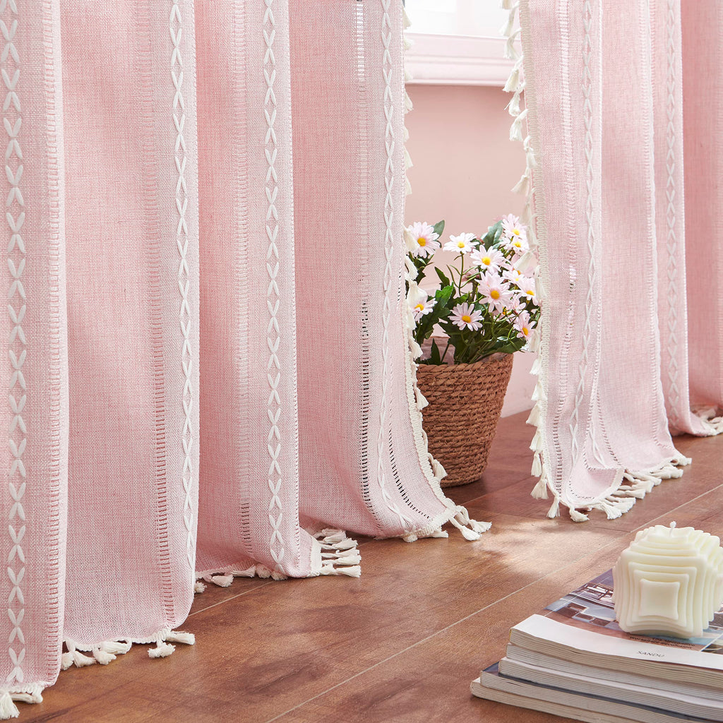 Linen Boho Curtains Cute Embroidered Pink Curtains For Girls Bedroom Nursery Room 84 Inches Long 2 Panels Light Filtering Farmho