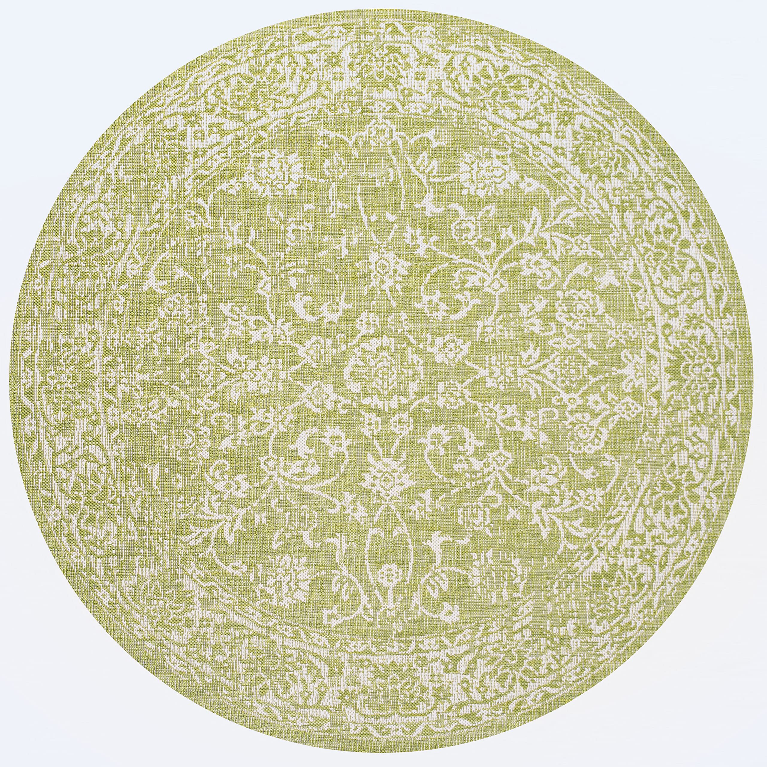 Jonathan Y Smb100D-5R Tela Bohemian Textured Weave Floral Indoor Outdoor Area-Rug, Coastal, Traditional, Transitional Easy-Cleaning,Bedroom,Kitchen,Backyard,Patio,Non Shedding, Green/Cream, 5' Round