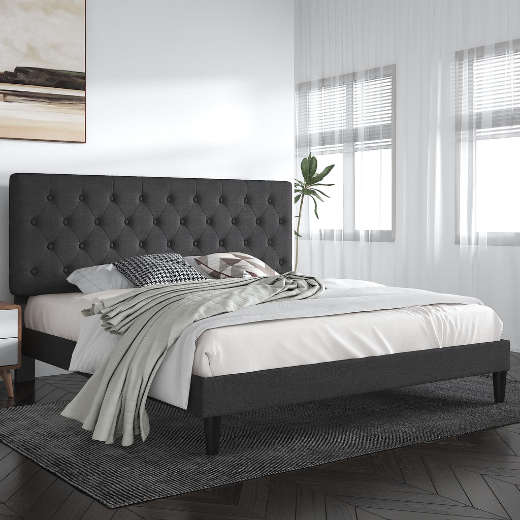Sha Cerlin King Size Bed Frame With Button Tufted Headboard, Fabric Upholstered Mattress Foundation, Platform Bed Frame, Wooden Slat Support, No Box Spring Needed, Dark Grey