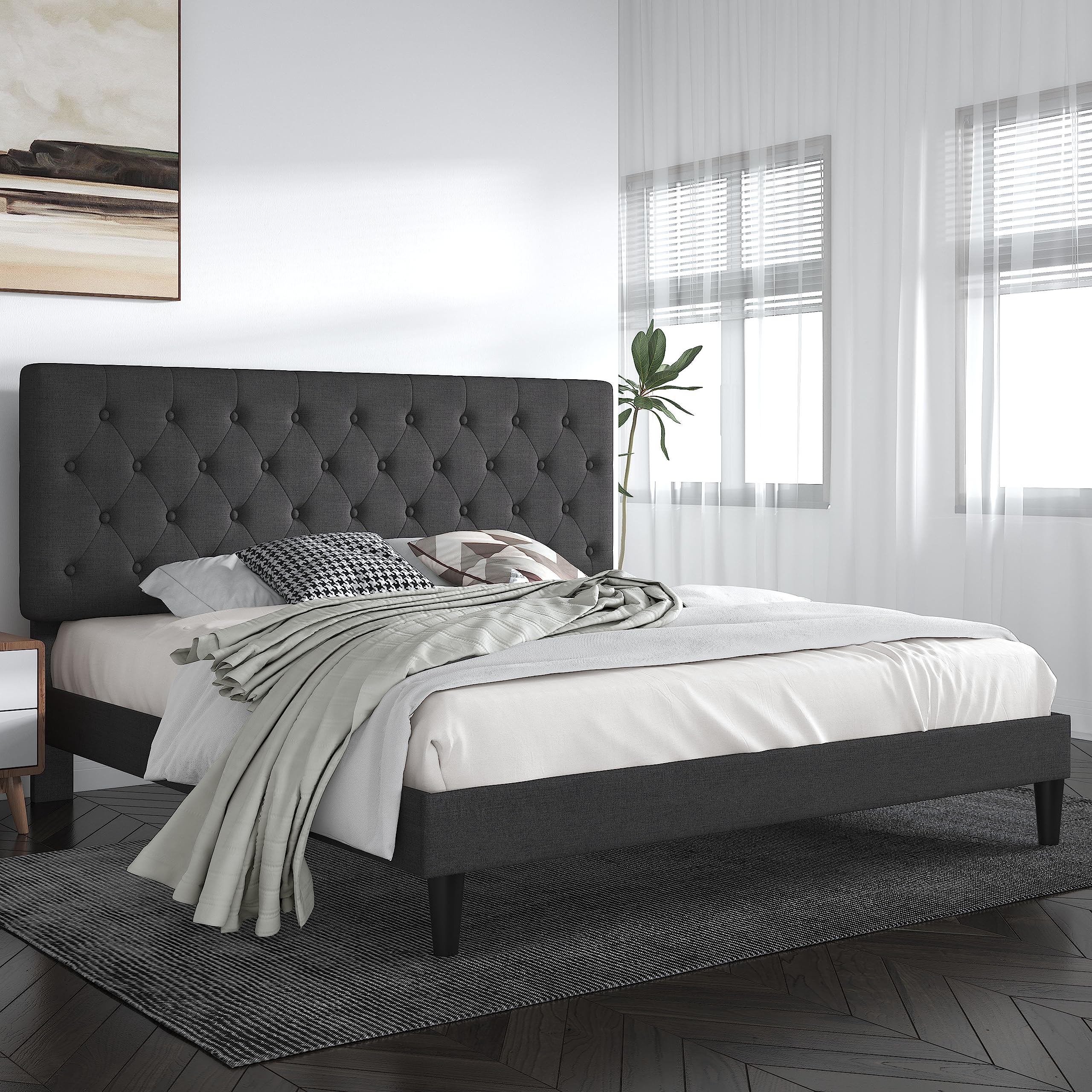 Sha Cerlin King Size Bed Frame With Button Tufted Headboard, Fabric Upholstered Mattress Foundation, Platform Bed Frame, Wooden Slat Support, No Box Spring Needed, Dark Grey