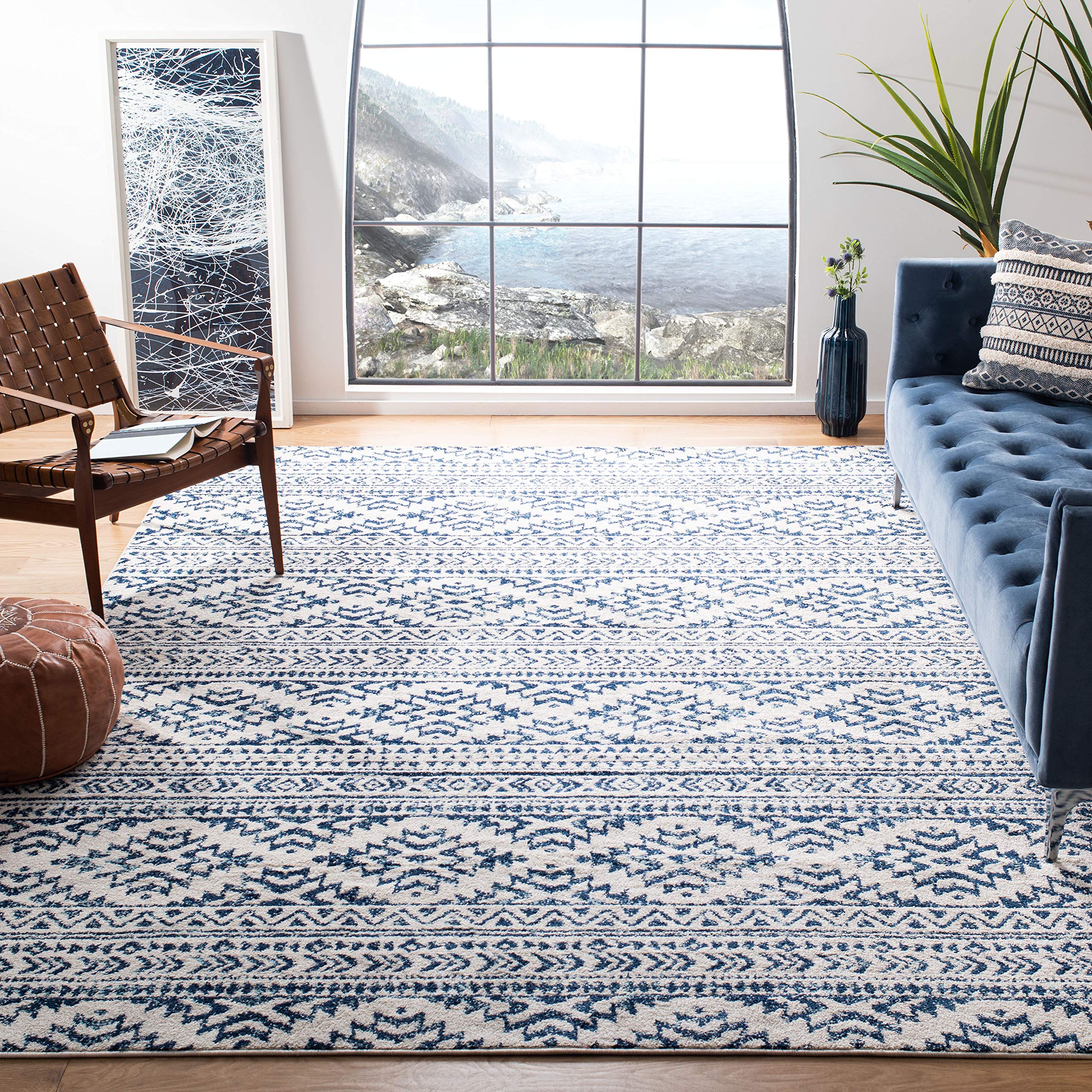 SAFAVIEH Tulum Collection Area Rug - 8 x 10, Ivory & Navy, Moroccan Boho Tribal Design, Non-Shedding & Easy Care, Ideal for Hi