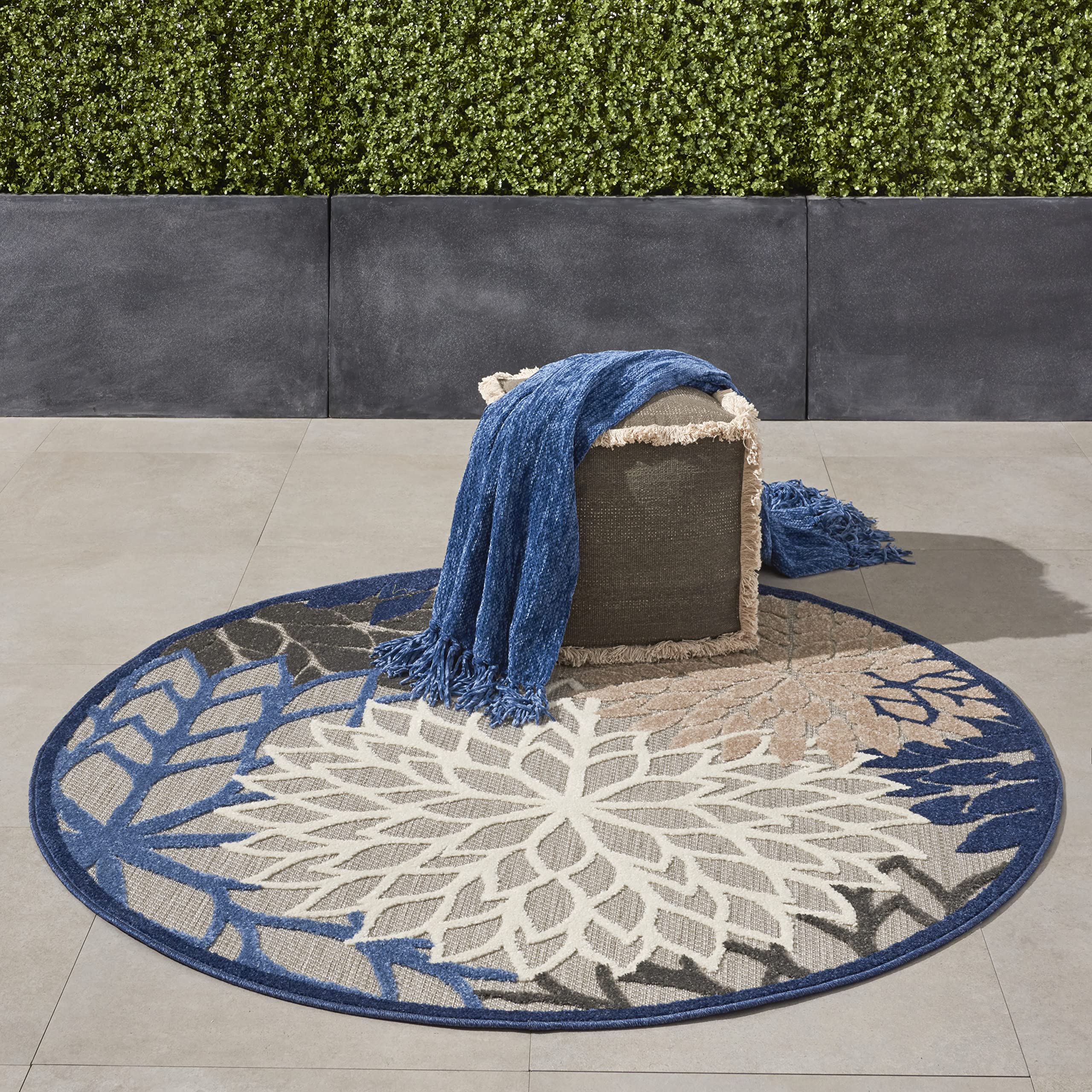 Nourison Aloha Indoor/Outdoor Blue/Multicolor 4' X Round Area Rug, Tropical, Botanical, Easy Cleaning, Non Shedding, Bed Room, L