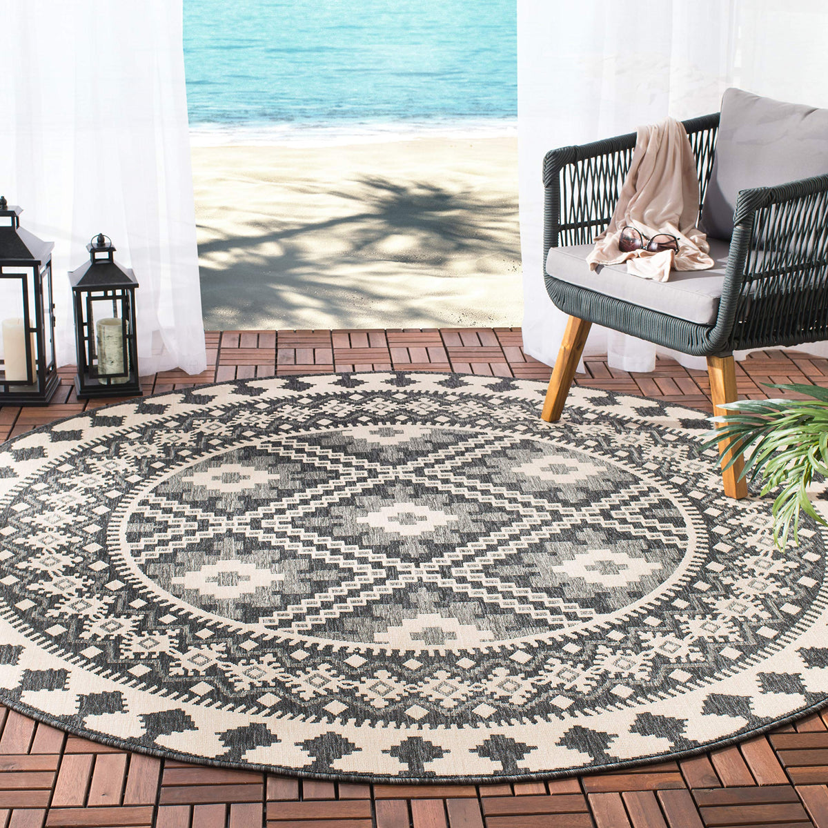 Safavieh Veranda Collection 6'7' Round Ivory/Grey Ver099 Boho Indoor/ Outdoor Non-Shedding Easy Cleaning Patio Backyard Porch D
