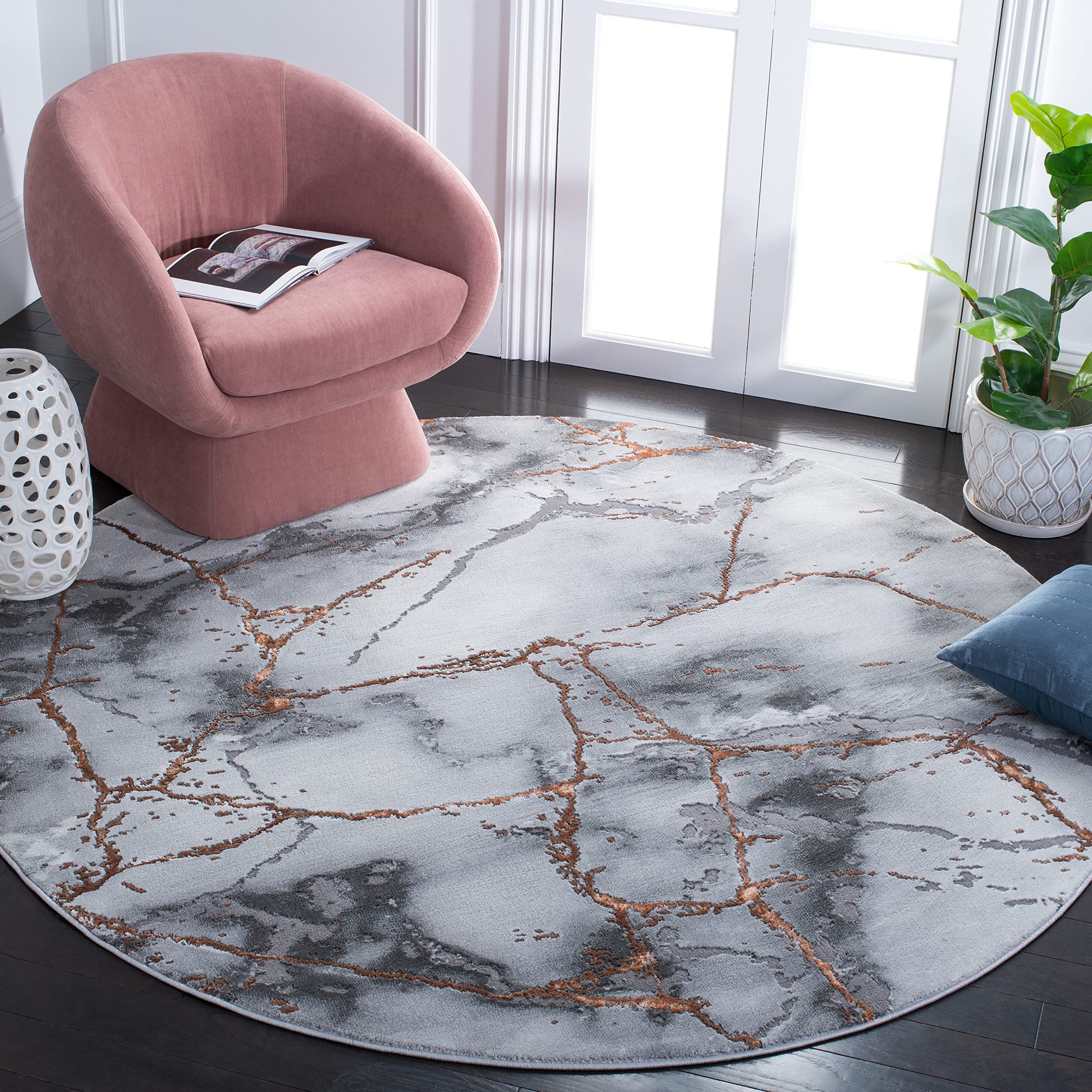 SAFAVIEH Craft Collection Area Rug - 67 Round, Grey & Orange, Modern Abstract Marble Pattern Design, Non-Shedding & Easy Care, 