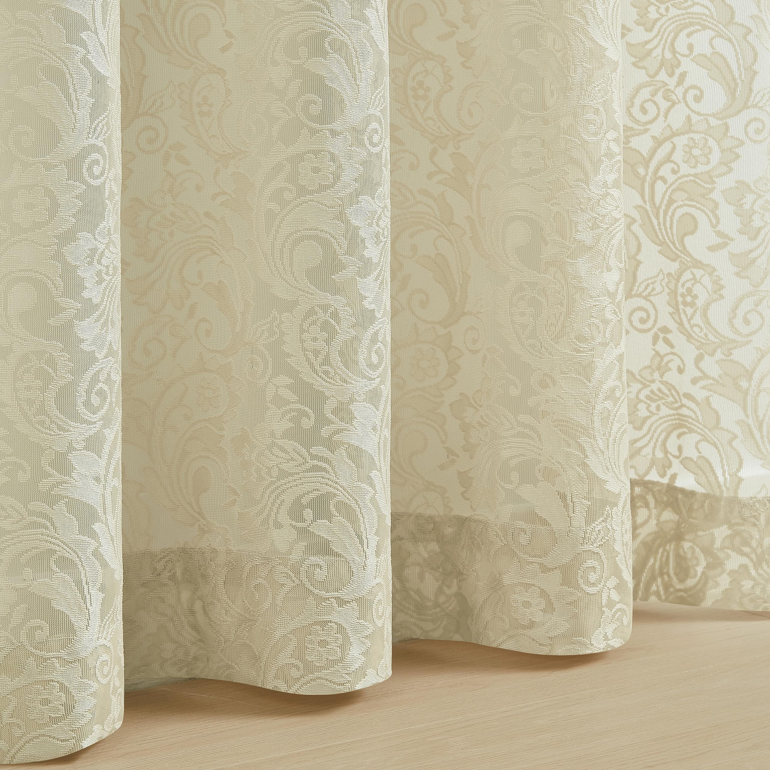 Bujasso Beige Sheer Lace Curtains 63 Inch Vintage Floral Sheer Window Curtain Panels For Living Room Bedroom Elegant Light Filte