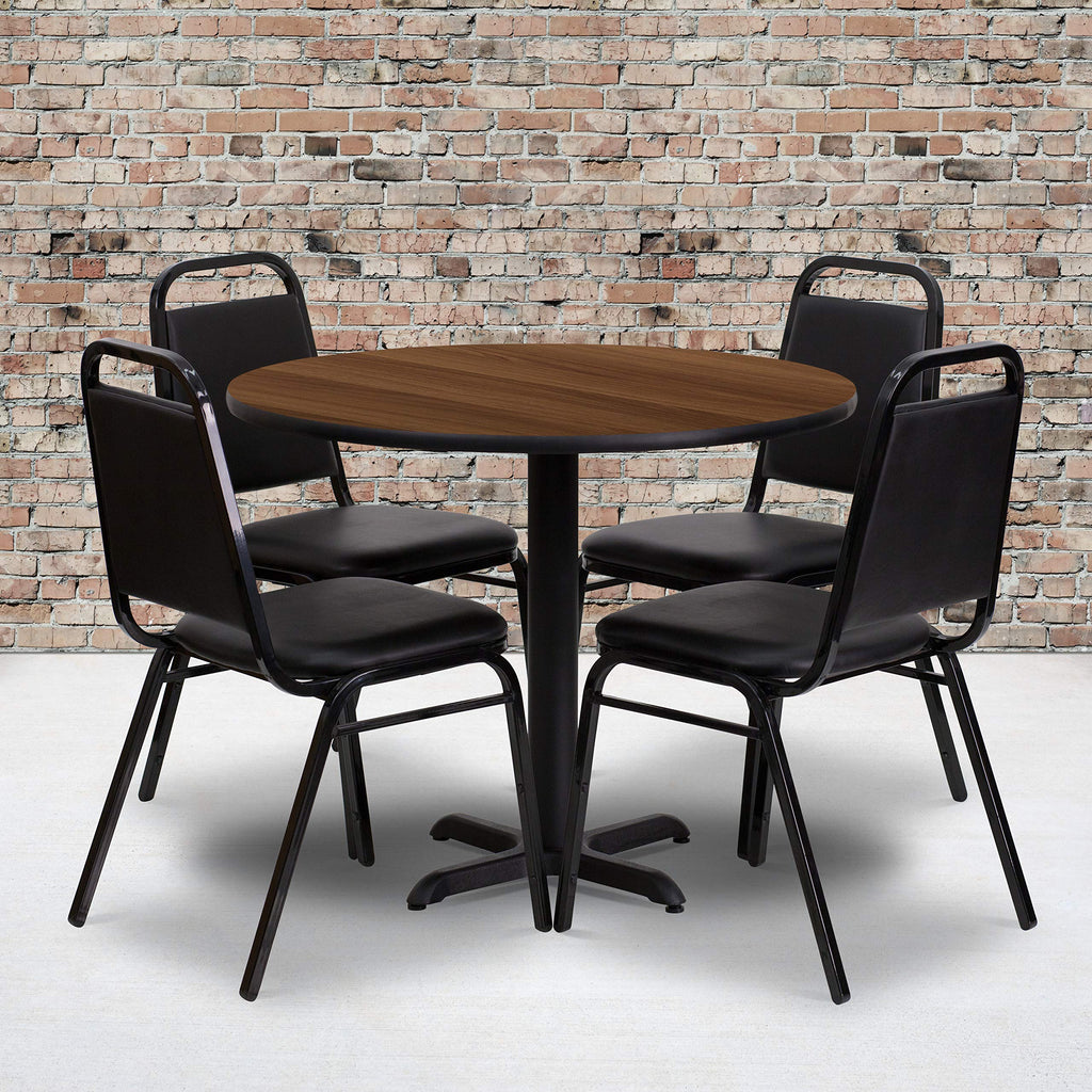 Flash Furniture Carlton 36'' Round Walnut Laminate Table Set with X-Base and 4 Black Trapezoidal Back Banquet Chairs