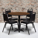 Flash Furniture Carlton 36'' Round Walnut Laminate Table Set with X-Base and 4 Black Trapezoidal Back Banquet Chairs