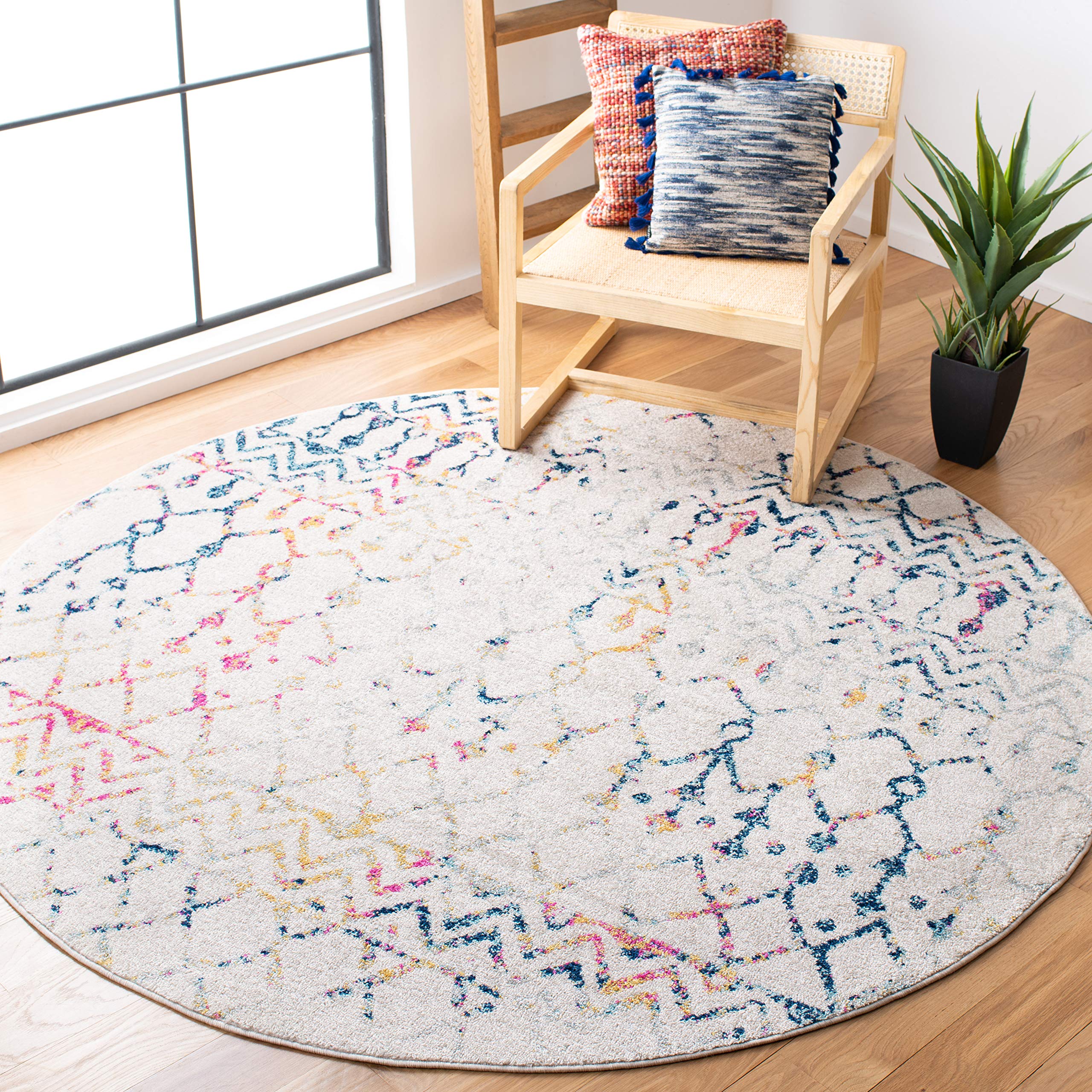 SAFAVIEH Tulum Collection 67 Round Ivory/Blue TUL270C Moroccan Boho Distressed Non-Shedding Dining Room Entryway Foyer Living R