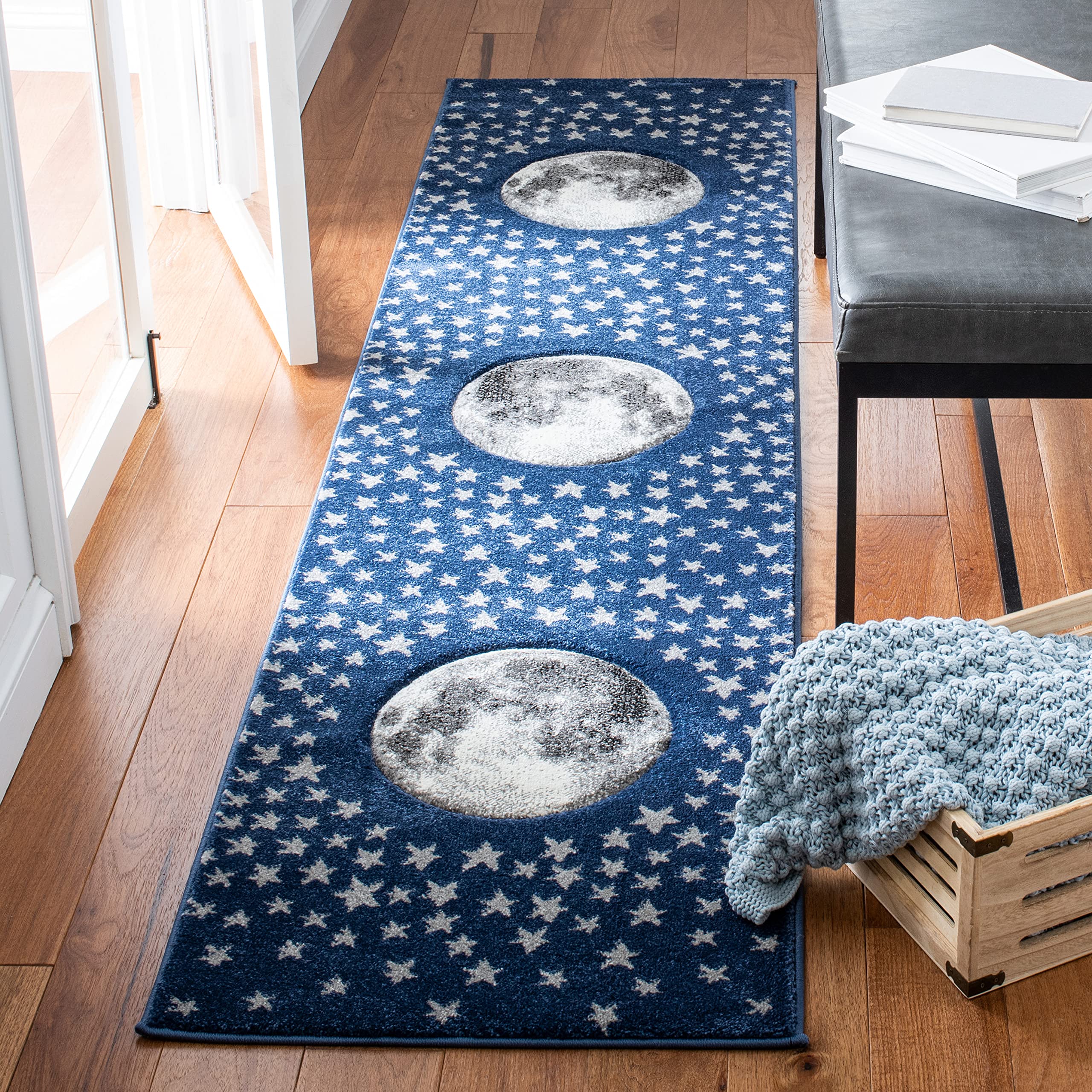 SAFAVIEH Carousel Kids Collection Runner Rug - 23 x 12, Navy & Grey, Non-Shedding & Easy Care, Ideal for High Traffic Areas fo